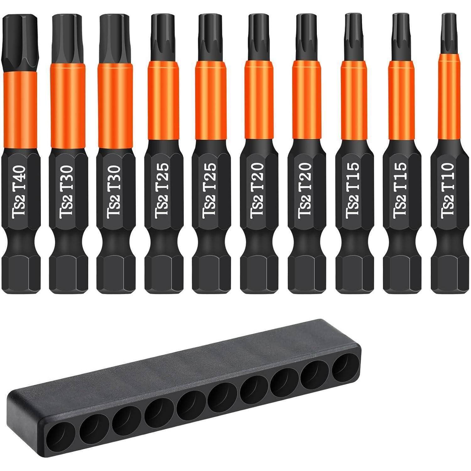 Satz von Torx-Schraubendreher-Bits mit der Bezeichnung TS2 T40, T30, T25, T20, T15 und T10, mit einem schwarzen Aufbewahrungsbehälter darunter.