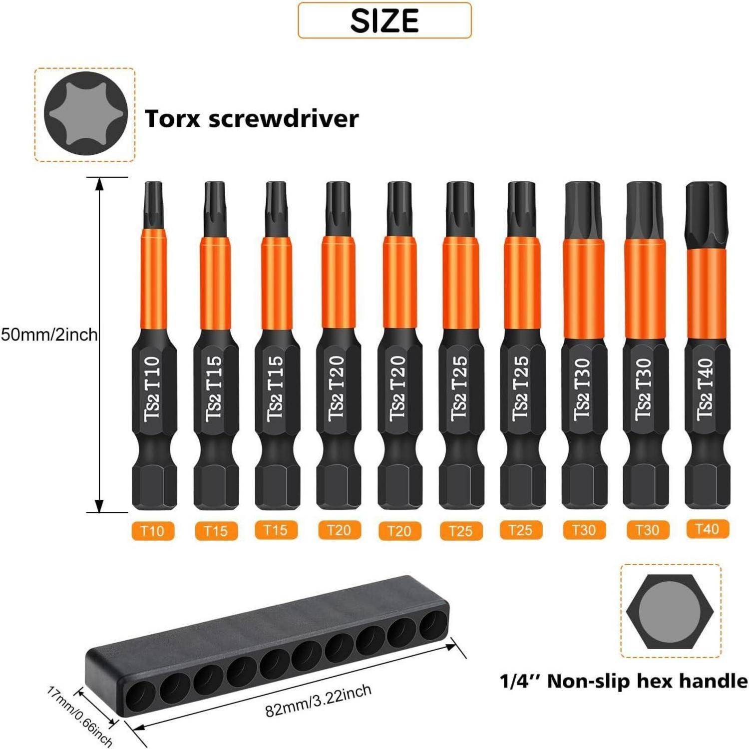 Satz mit Torx-Schraubendreher-Bits, bestehend aus 10 schwarz-orangefarbenen Bits in den Größen T10 bis T40, mit 50 mm Länge und 1/4-Zoll-Sechskantschaft mit rutschfester Oberfläche.