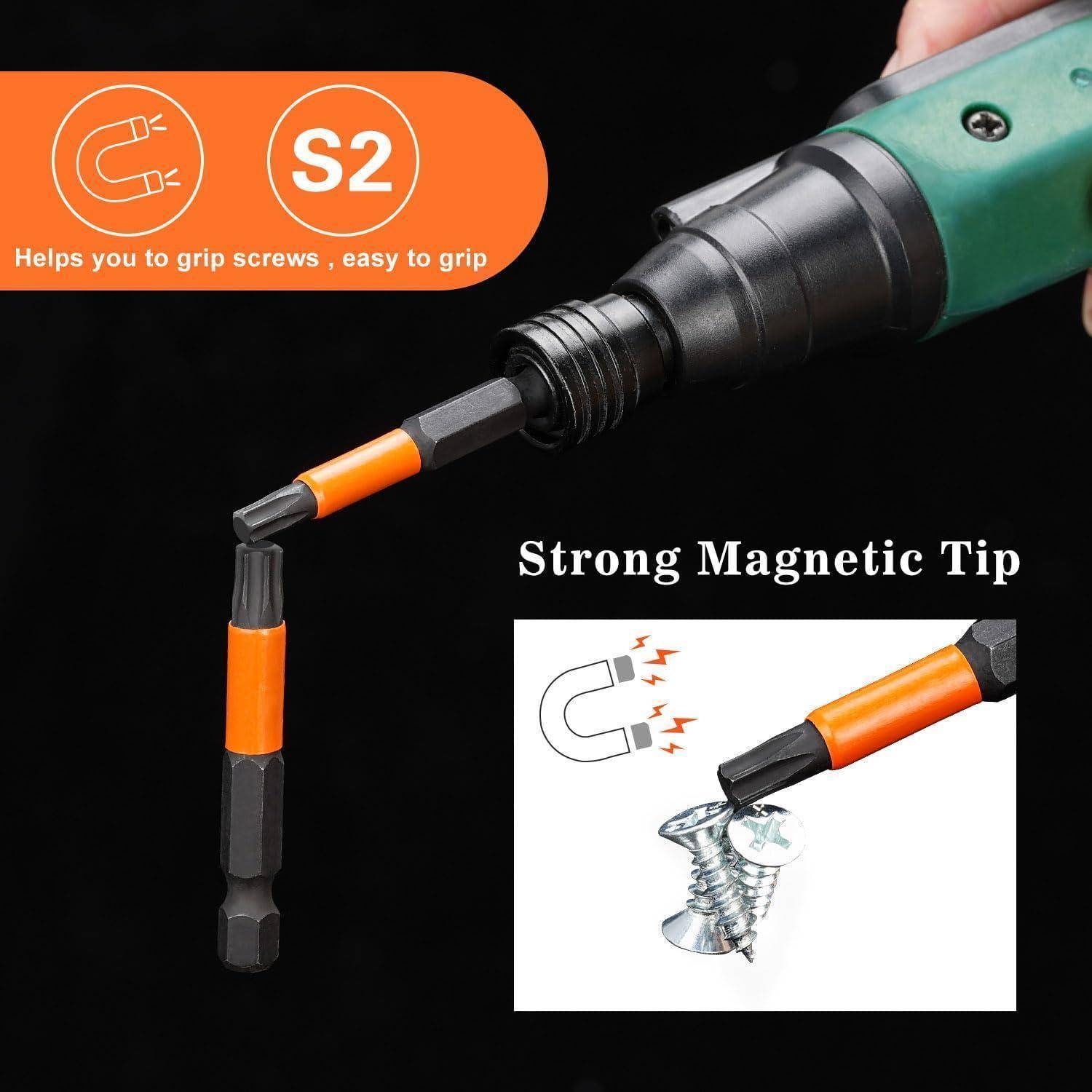 Werbebild eines magnetischen Schraubendreher-Bitsets, das eine S2-Spitze zeigt, die Schrauben greift, und einen Magneten, der eine Schraube an Ort und Stelle hält.