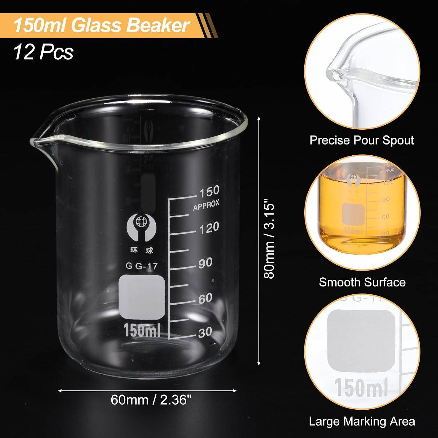 Produktbild eines 150-ml-Glasbechers, 12 Stück, mit präzisem Ausgussmundstück, Messskalen, glatter Oberfläche und Abmessungen von 80 mm Höhe und 60 mm Breite.