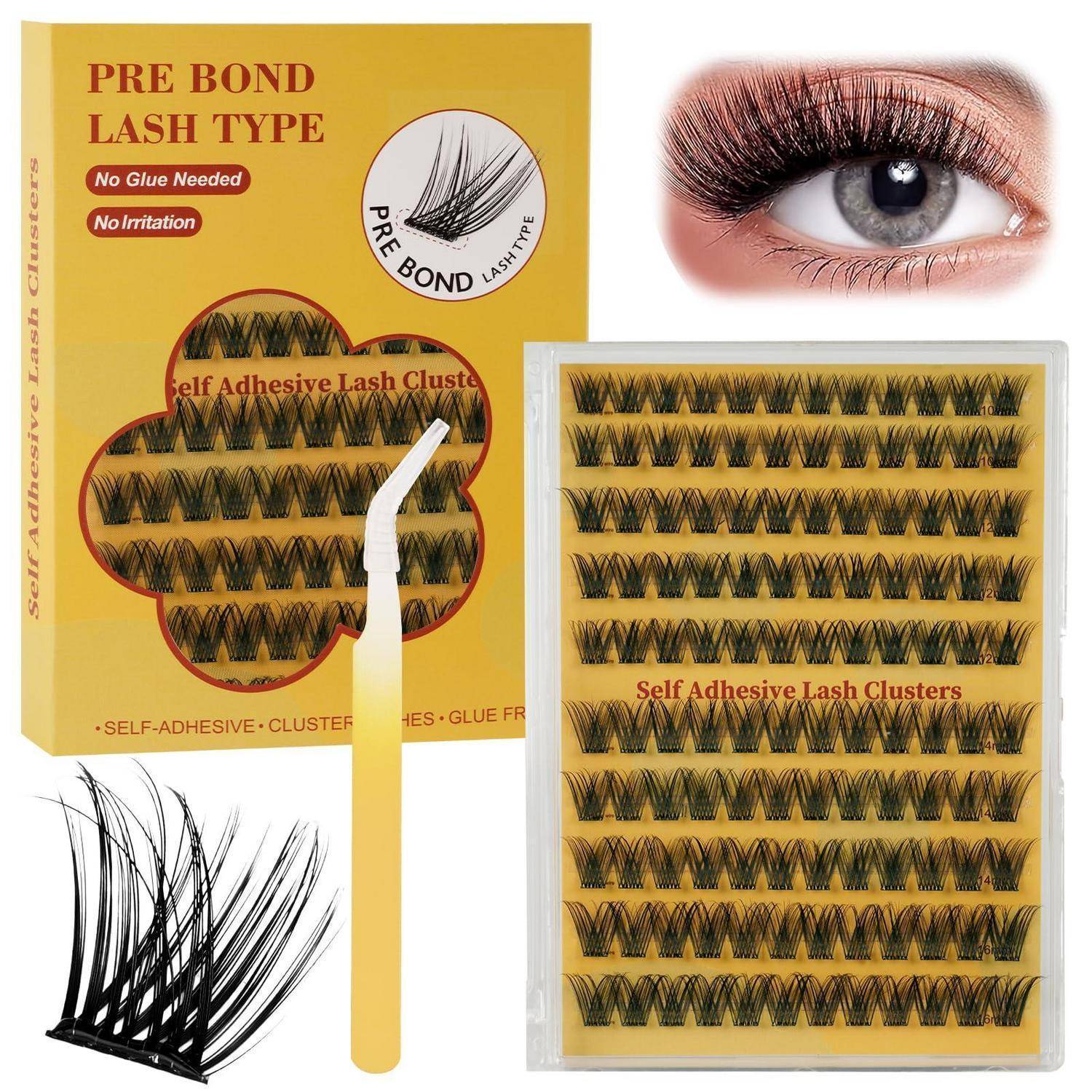 Werbebild von selbstklebenden vorgebundenen Wimperntrauben mit Verpackung, Nahaufnahme des Auges, Wimpernpalette und Applikator-Werkzeug; Text besagt „Kein Kleber erforderlich