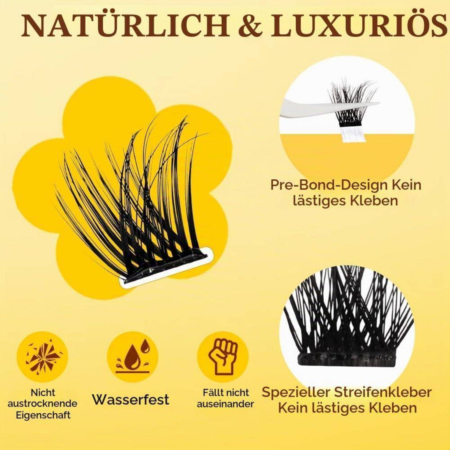 Promotionsgrafik für Wimpernverlängerungen, zeigt ein Vor-Bond-Design und schwarze Wimpernstreifen mit Ansprüchen auf Deutsch: nicht austrocknend, wasserfest, hält zusammen, spezieller Streifen-Kleber, einfache Anwendung.