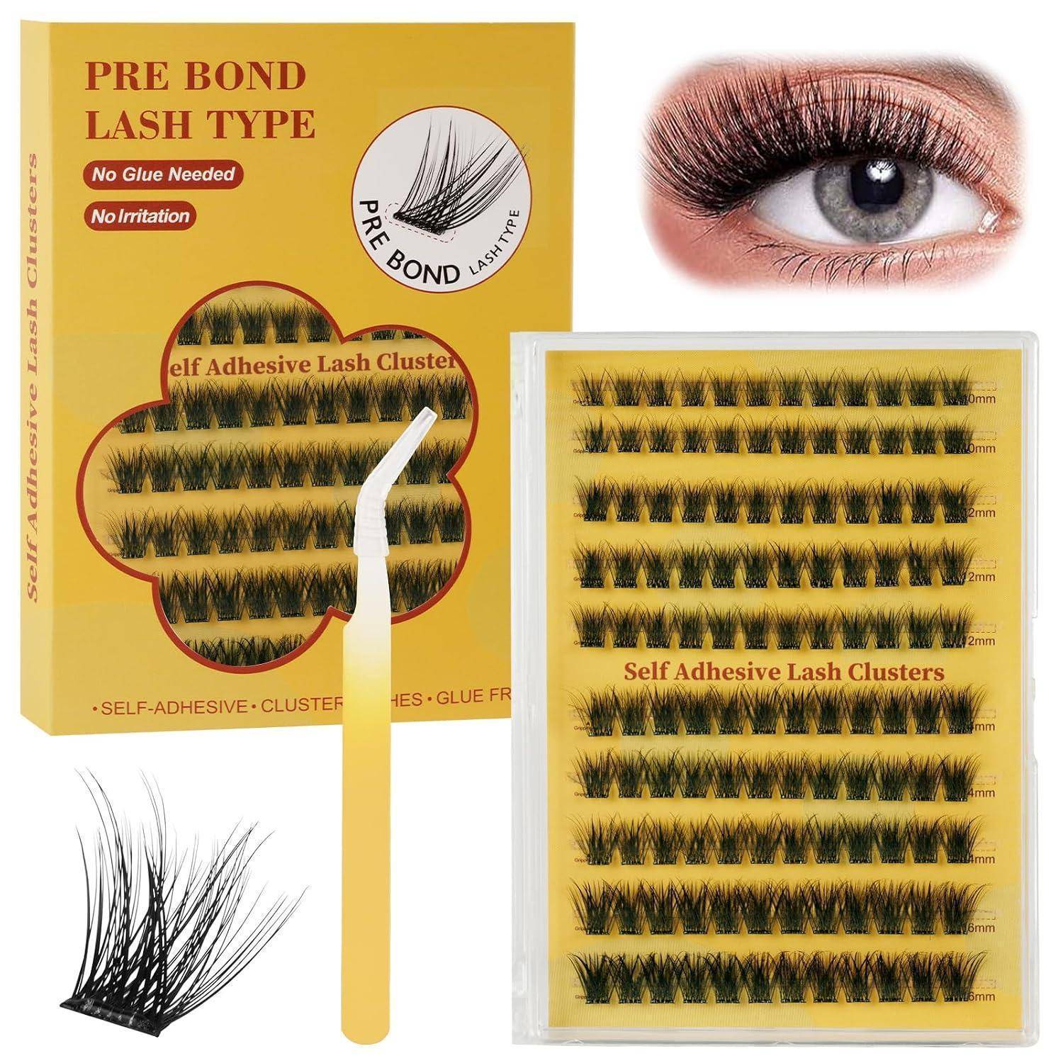 Produktbild von selbstklebenden Wimpernbüscheln vor dem Anbringen, mit Verpackung, Applikatortool, Nahaufnahme des Auges und einzelnen falschen Wimpernbüscheln.