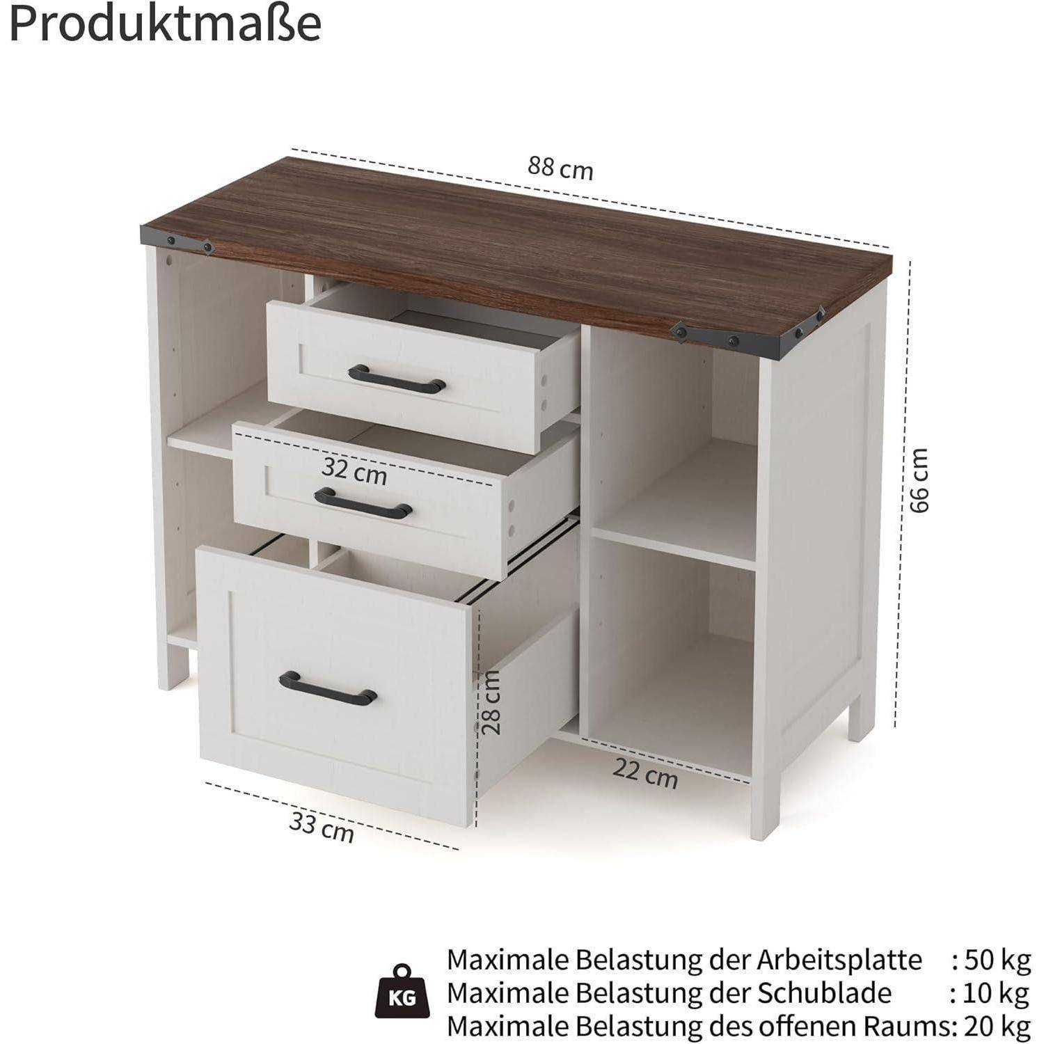 Abbildung eines weißen Schranks mit dunkler Holzplatte, zwei kleinen Schubladen und einer großen Schublade, gekennzeichnet mit den Maßen 88 cm breit, 66 cm hoch, 33 cm tief und Tragfähigkeitsgrenzen für die Platte und die Schubladen.