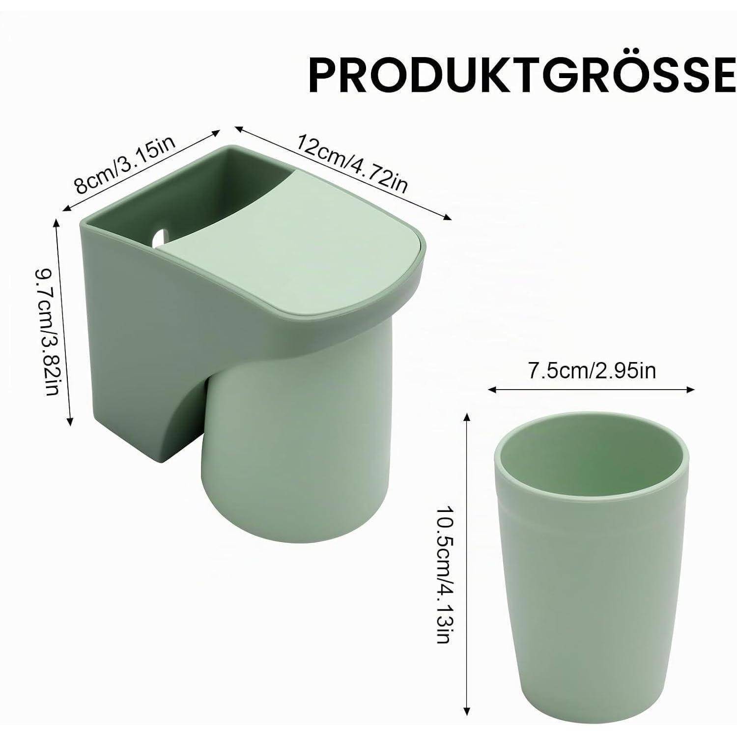 Produktgrößendiagramm für eine grüne wandmontierte Halterung und passendes Glas, mit Abmessungen in cm und Zoll beschriftet.