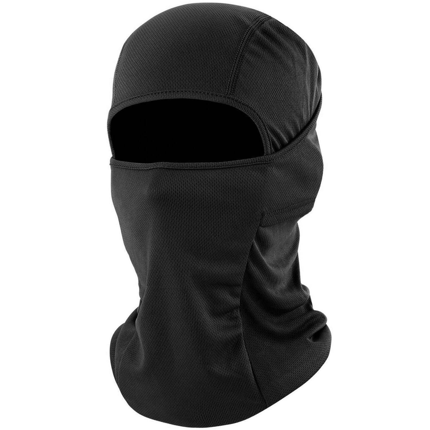 Schwarze Sturmhaube mit vollständigem Gesichtsschutz, nur die Augen freilassend, vor weißem Hintergrund dargestellt.