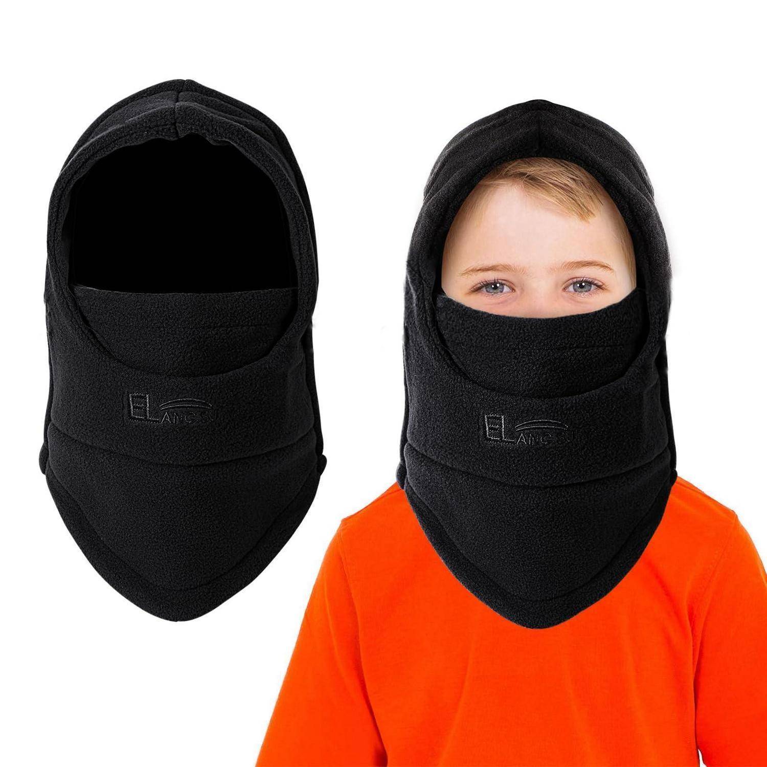 Schwarze Sturmhaube/Skimaske, die an einem Kindermodell gezeigt wird, bedeckt Kopf und unteres Gesicht, mit nur den Augen sichtbar; auf der linken Seite ist die Maske allein dargestellt.