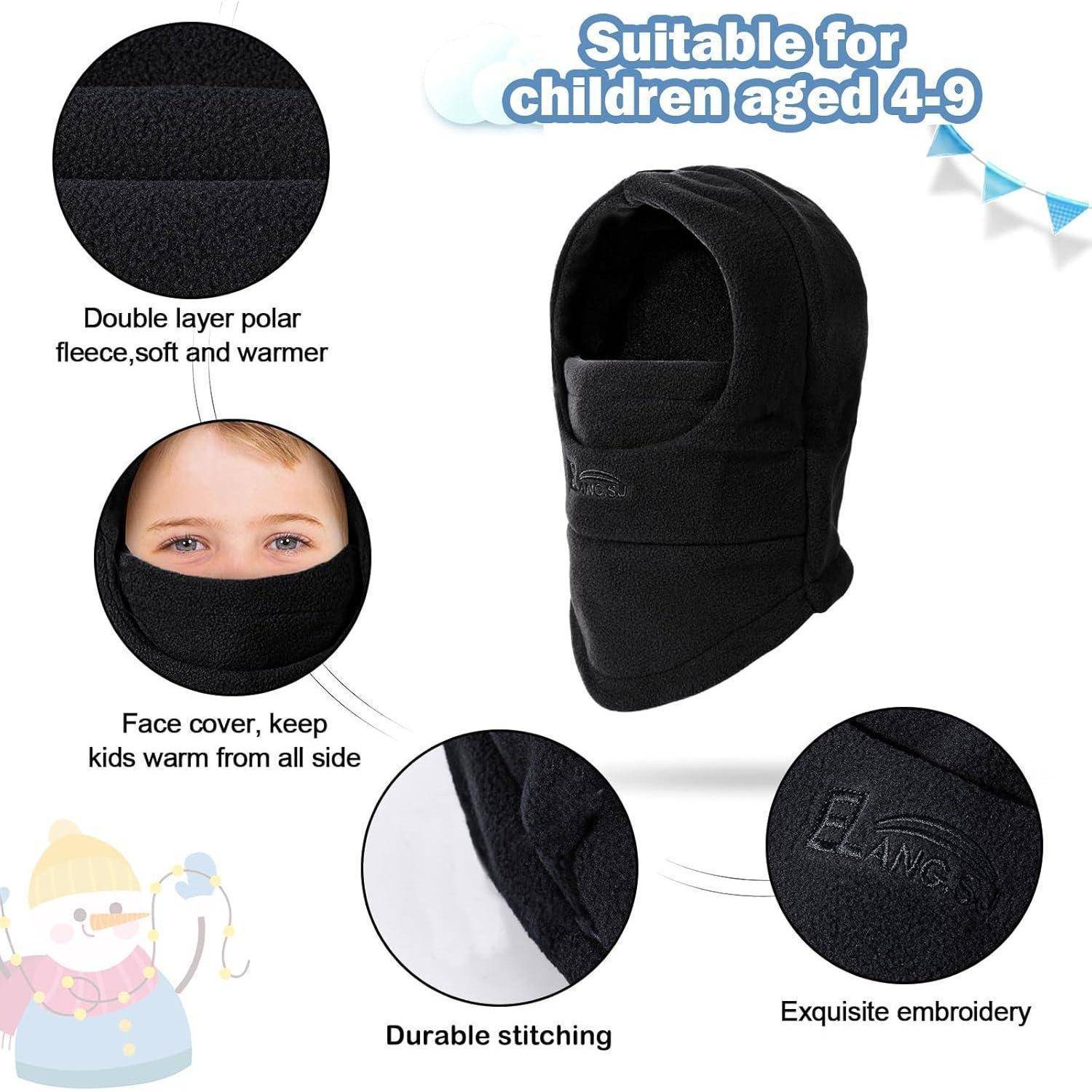 Produktgrafik einer schwarzen Kinder-Sturmhaube, gekennzeichnet als geeignet für Altersgruppe 4-9 Jahre, mit Hervorhebung von doppellagigem Fleece, Gesichtsbedeckung, strapazierfähigen Nähten und gesticktem Logo.