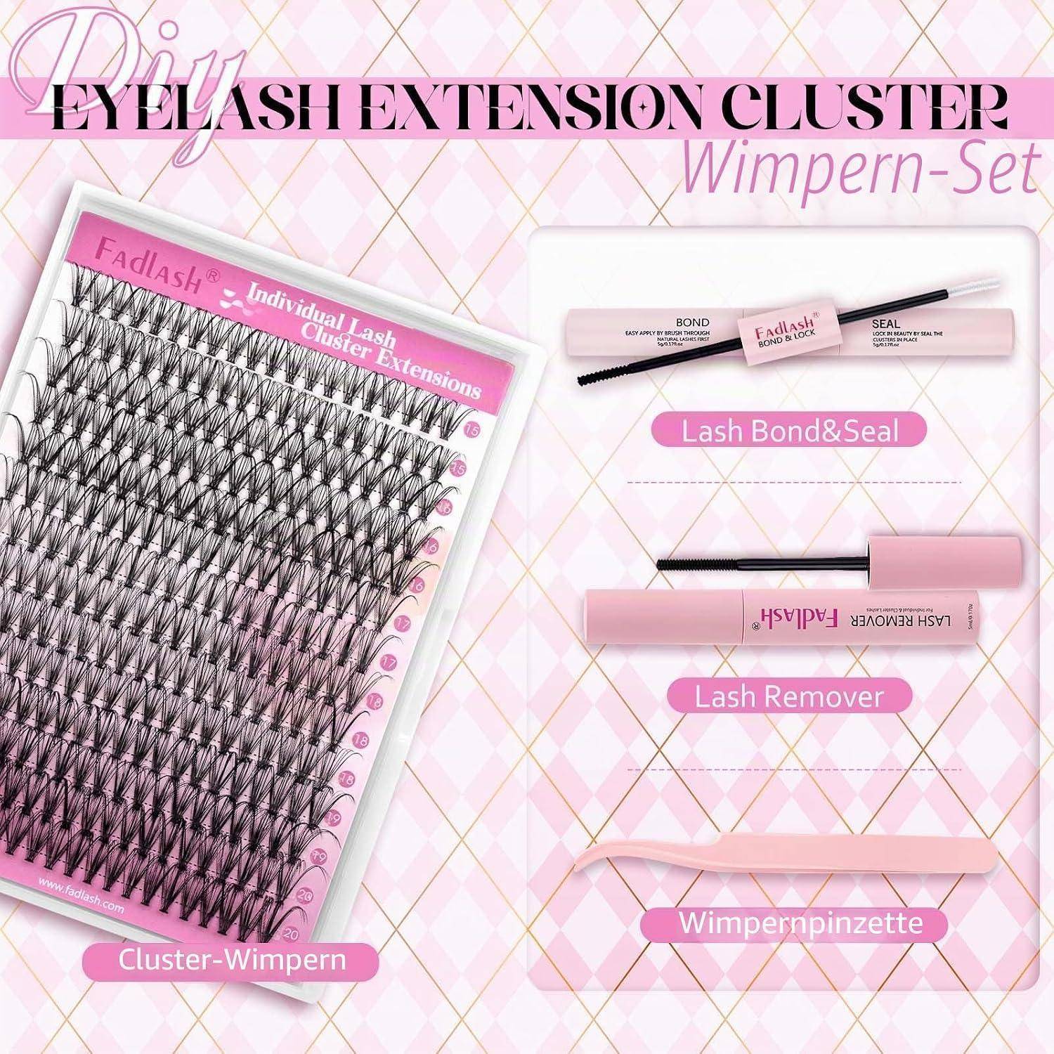 Rosa Wimpernverlängerungs-Cluster-Set mit Tablett falscher Wimpern, Lash Bond & Seal, Wimpernentferner und Pinzette.