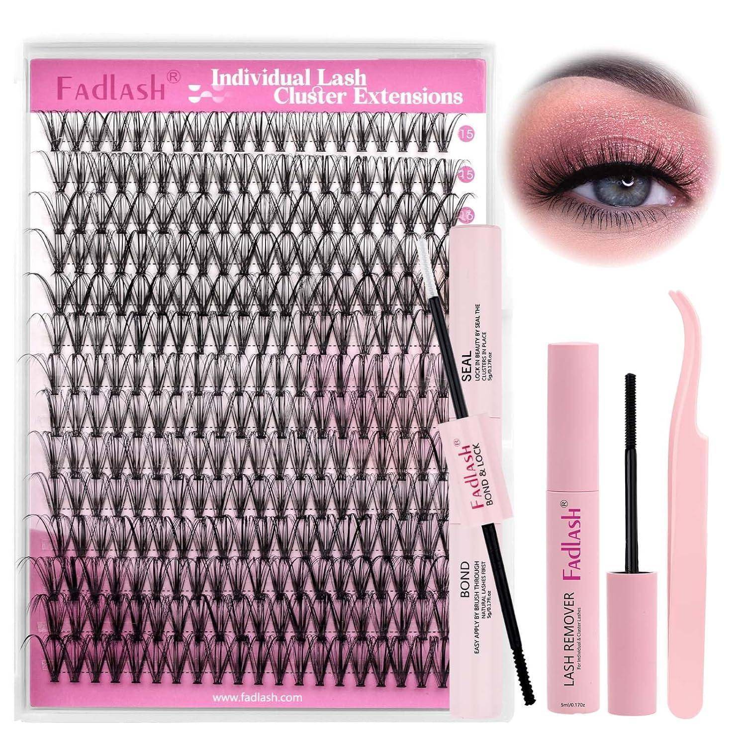 Pink Fadlash Einzelwimpern-Cluster-Extensions-Set mit Wimpernentferner, Bond-/Versiegelungsappikatoren, Pinzette und ein Beispielauge mit angebrachten Wimpern.
