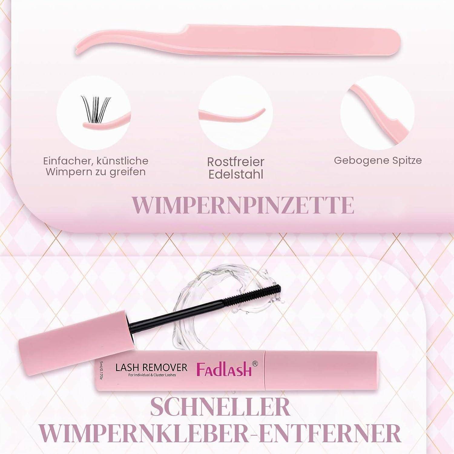 Rosa Wimpernzange und Wimpernkleberentferner-Set, mit deutscher Beschriftung, die einfachen Griff, Edelstahl, gebogene Spitze und „schneller Wimpernkleber-Entferner