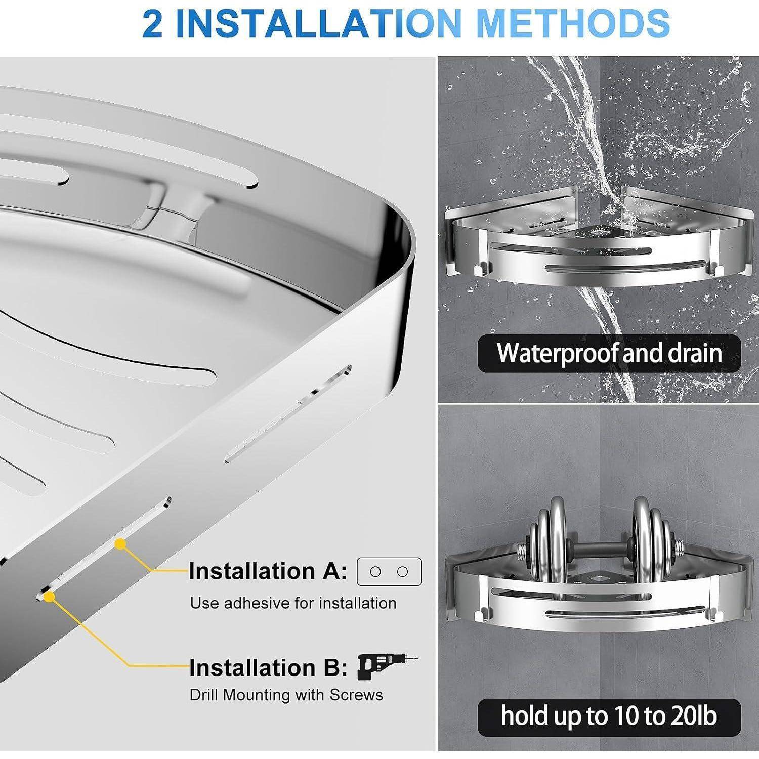Diagramm mit zwei Installationsmethoden für ein verchromtes Dusch-Ablageregal: Klebemontage oder Schraubbefestigung mit wasserdichter Ablaufgestaltung und Tragfähigkeit bis zu 10–20 lb.