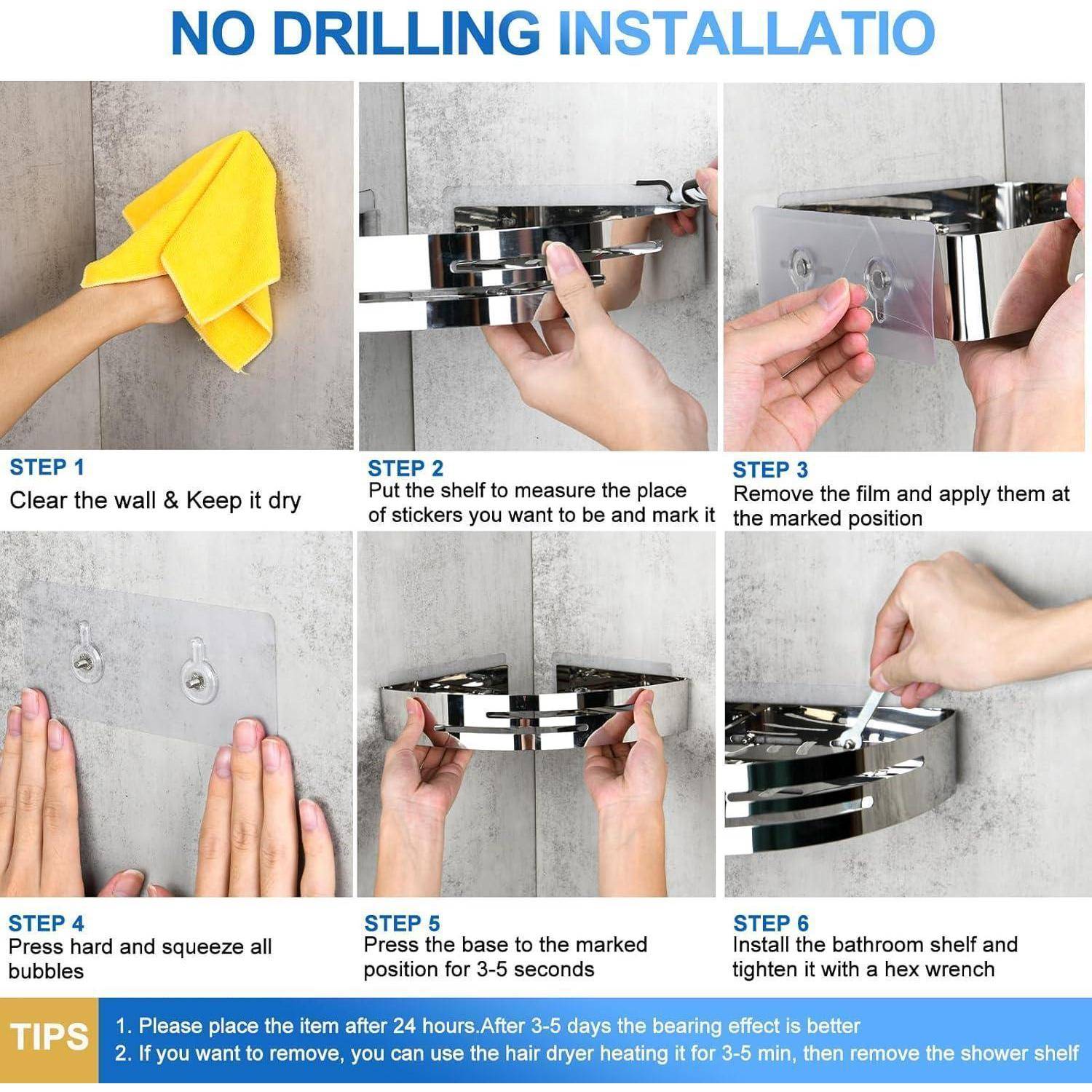 # Installationsanleitung für Badezimmerregal ohne Bohren in sechs Schritten: Wand reinigen, Markierungen anbringen, Klebstoff auftragen, Basis anpressen und mit Innensechskantschlüssel festziehen.