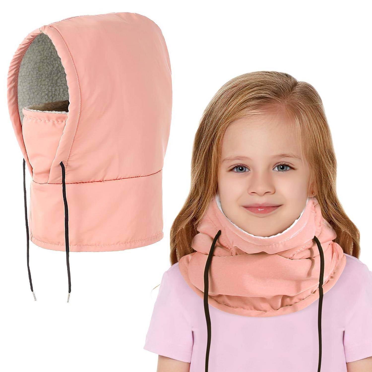 Kind, das eine rosa gefütterte Wintermütze mit Halswärmer trägt; die Einfügung zeigt die Mütze allein mit Gesichtsöffnung und Zugbändern.