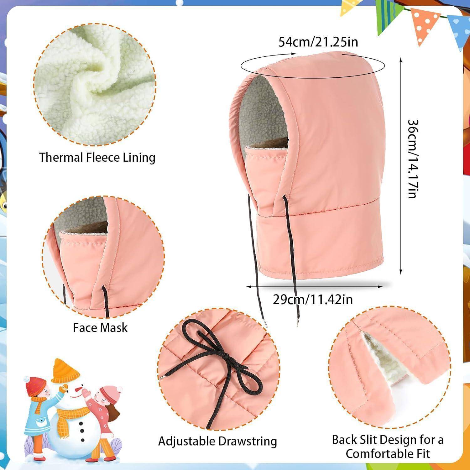 Illustrierte rosa Fleece-Sturmhaube mit Gesichtsöffnung, verstellbarer Zugschnur, Rückenschlitz und gekennzeichneten Abmessungen von 54cm x 36cm x 29cm.