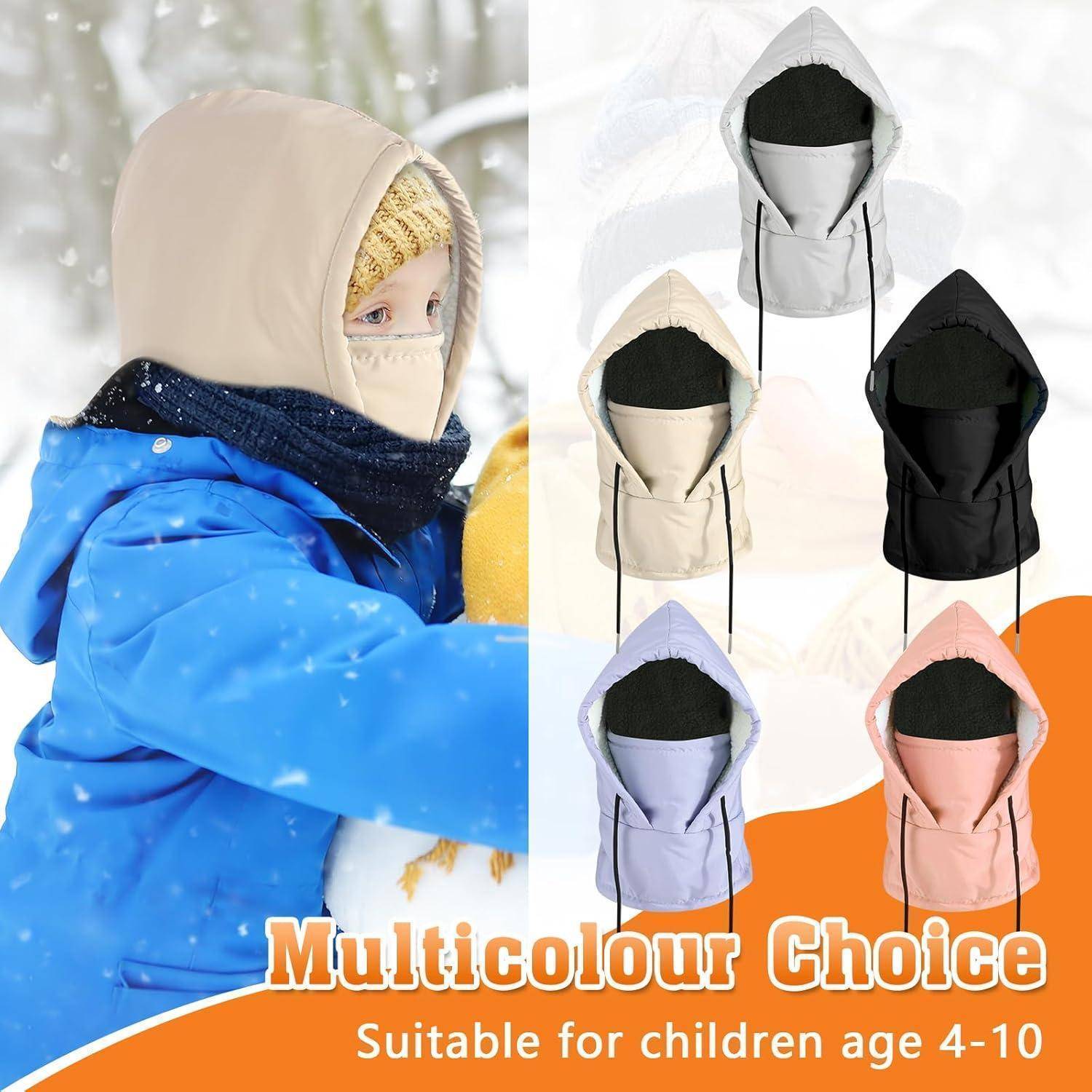 Kind in blauem Wintermantel und Kopftuch mit Gesichtsabdeckung; die rechte Seite zeigt fünf Farboptionen der gleichen Kinder-Sturmhaube mit Text „Multicolour Choice