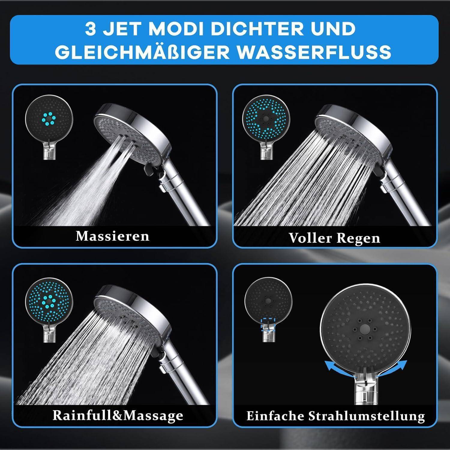 Duschkopf-Anzeige mit 3 Strahlmodi und gleichmäßigem Wasserdurchfluss: „Massieren