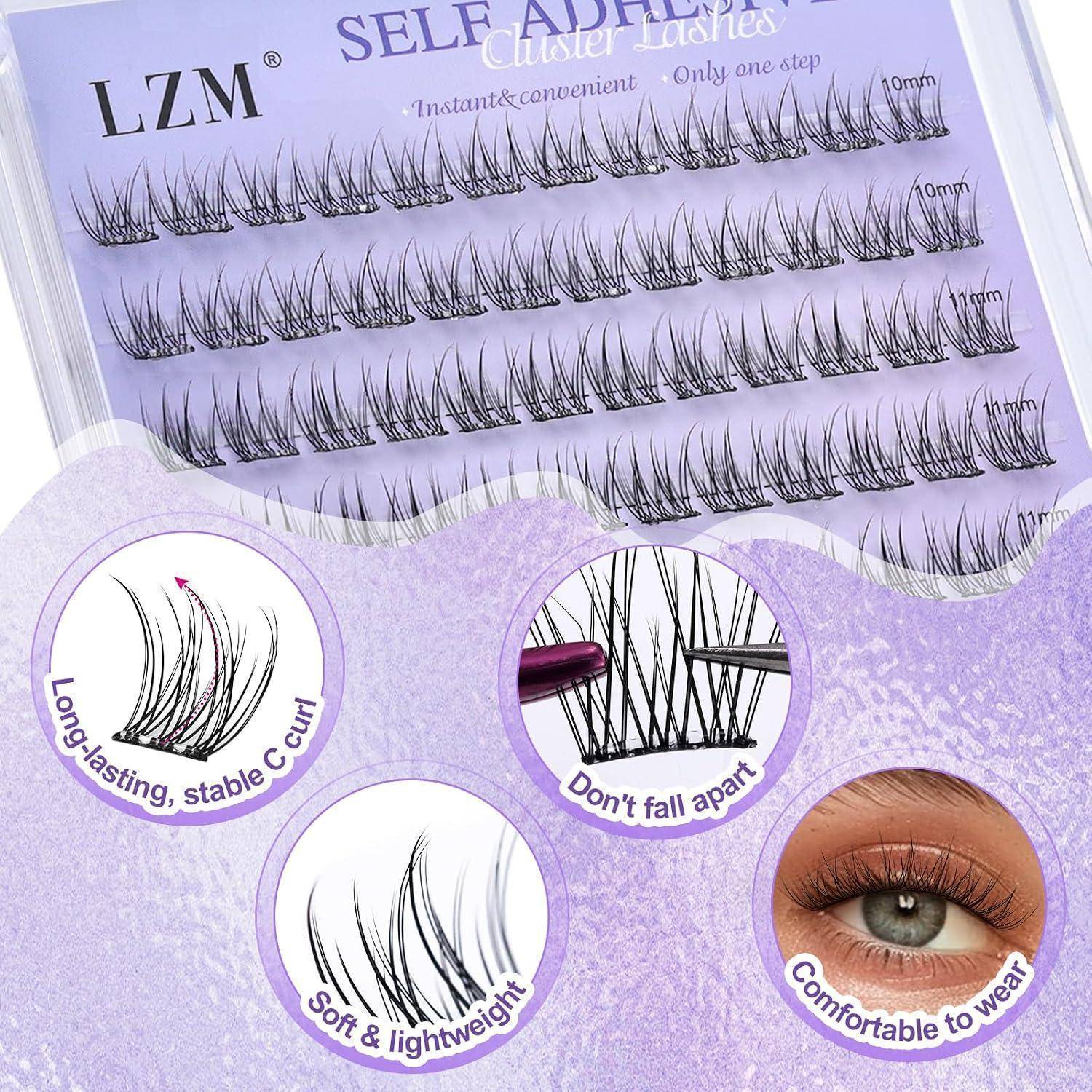 Paket für LZM selbstklebende Wimpernbüschel, das Wimpernreihen, Lockenstil und Symbole für langanhaltend, stabil, weich und komfortabel zu tragende Wimpern zeigt.
