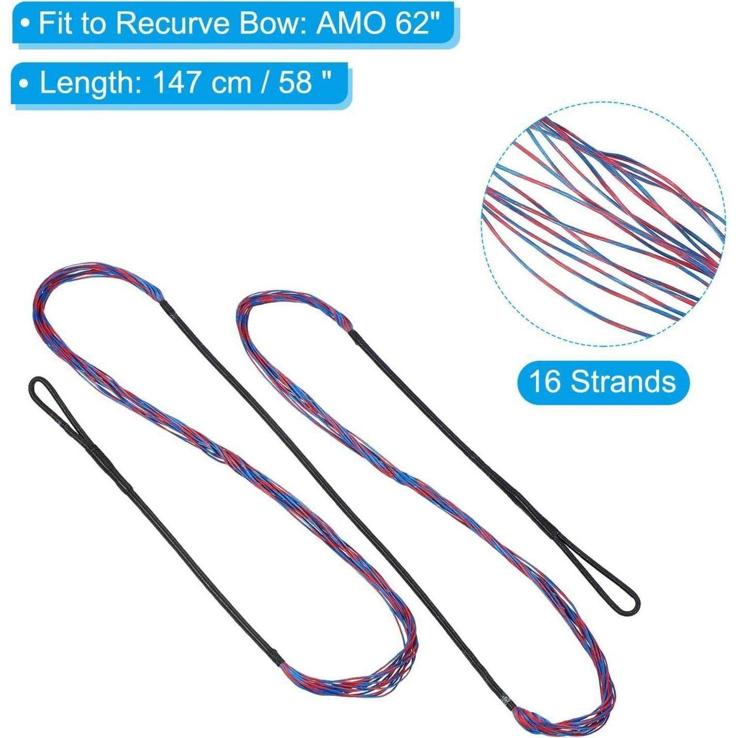 Bogensehnen-Set für Recurvebögen, passt bis 62 Zoll; Länge 147 cm/58 Zoll; 16 Stränge in Blau, Rot und Schwarz dargestellt.