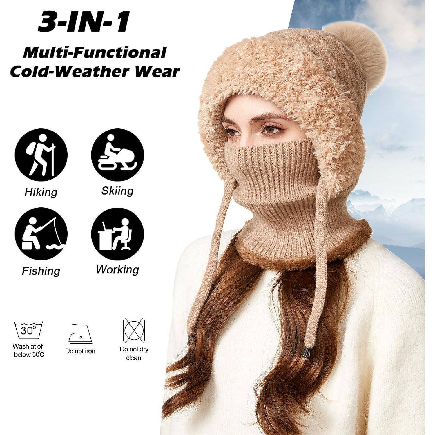 Anzeige für 3-in-1 multifunktionale Kälteschutzkleidung, zeigt eine Frau in einer Pelzmütze und Gesichtsmaske, mit Symbolen für Wandern, Skifahren, Angeln und Arbeiten, plus Pflegesymbole.