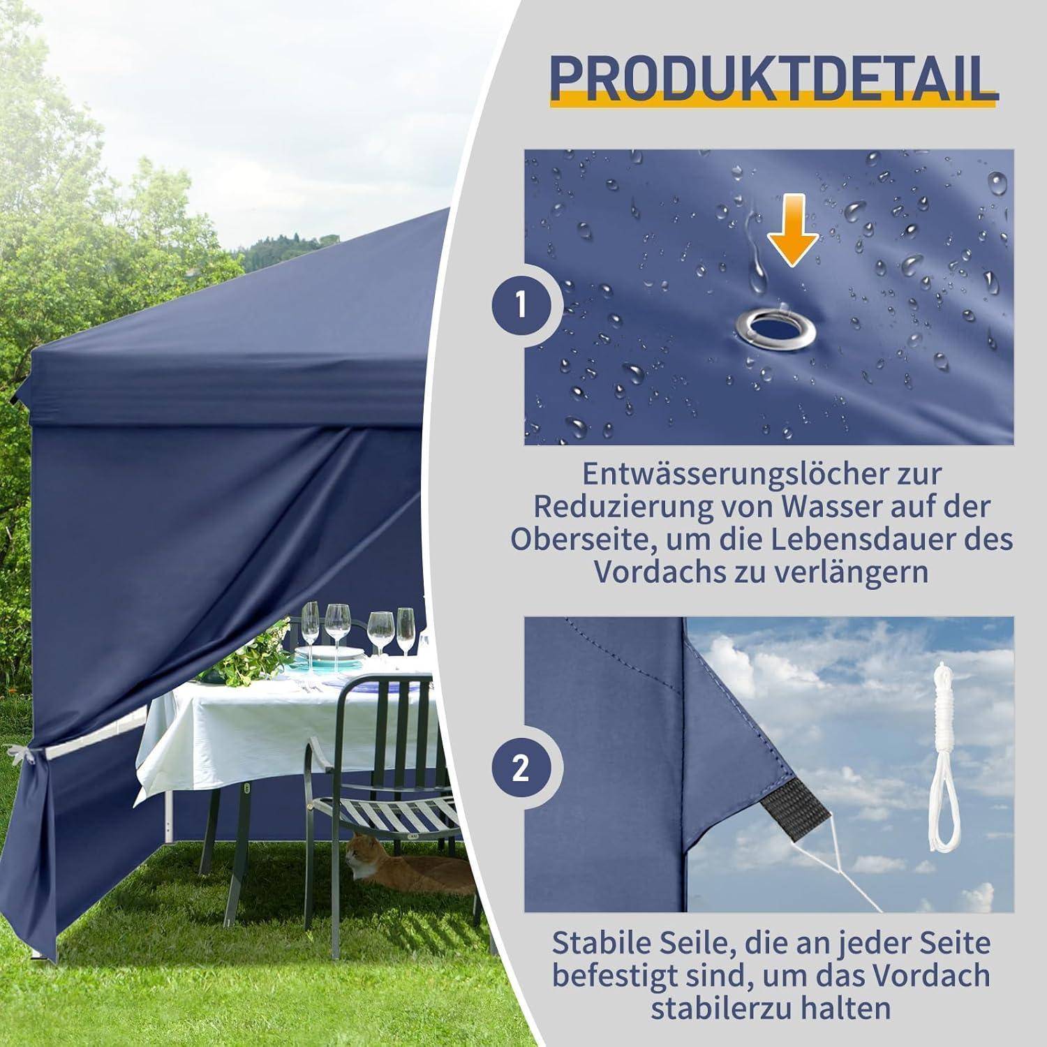 Produktdetailgrafik mit einem blauen Baldachin mit zwei Funktionen: Drainagelöcher zur Reduzierung von Wasser auf der Oberseite und stabile Seitenseile zur Sicherung der Markise.