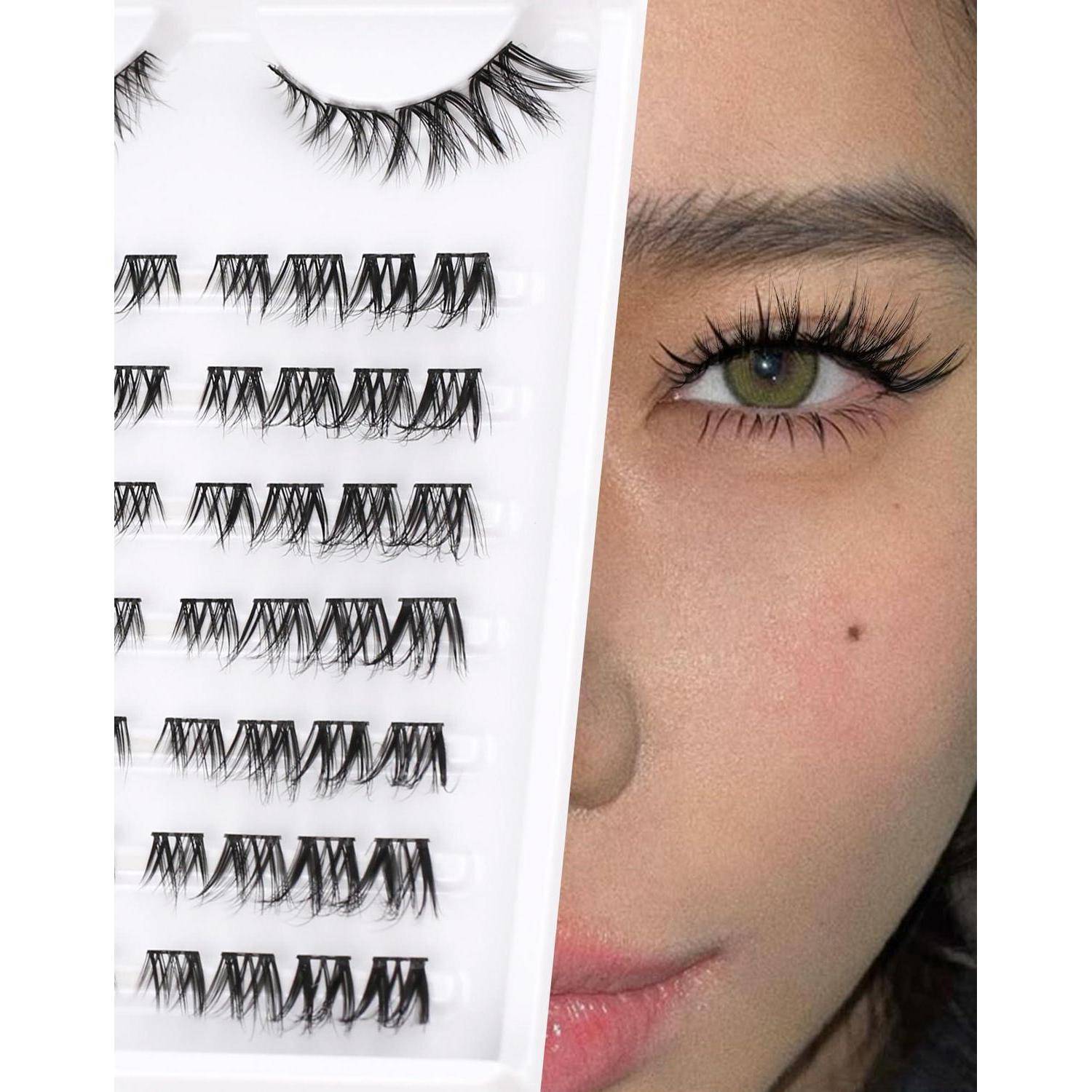 Nahaufnahme eines Frauengesichts neben einem Tablett mit künstlichen Wimpern, die ein grünes Auge mit langen Wimpern und Augenbraue zeigt.