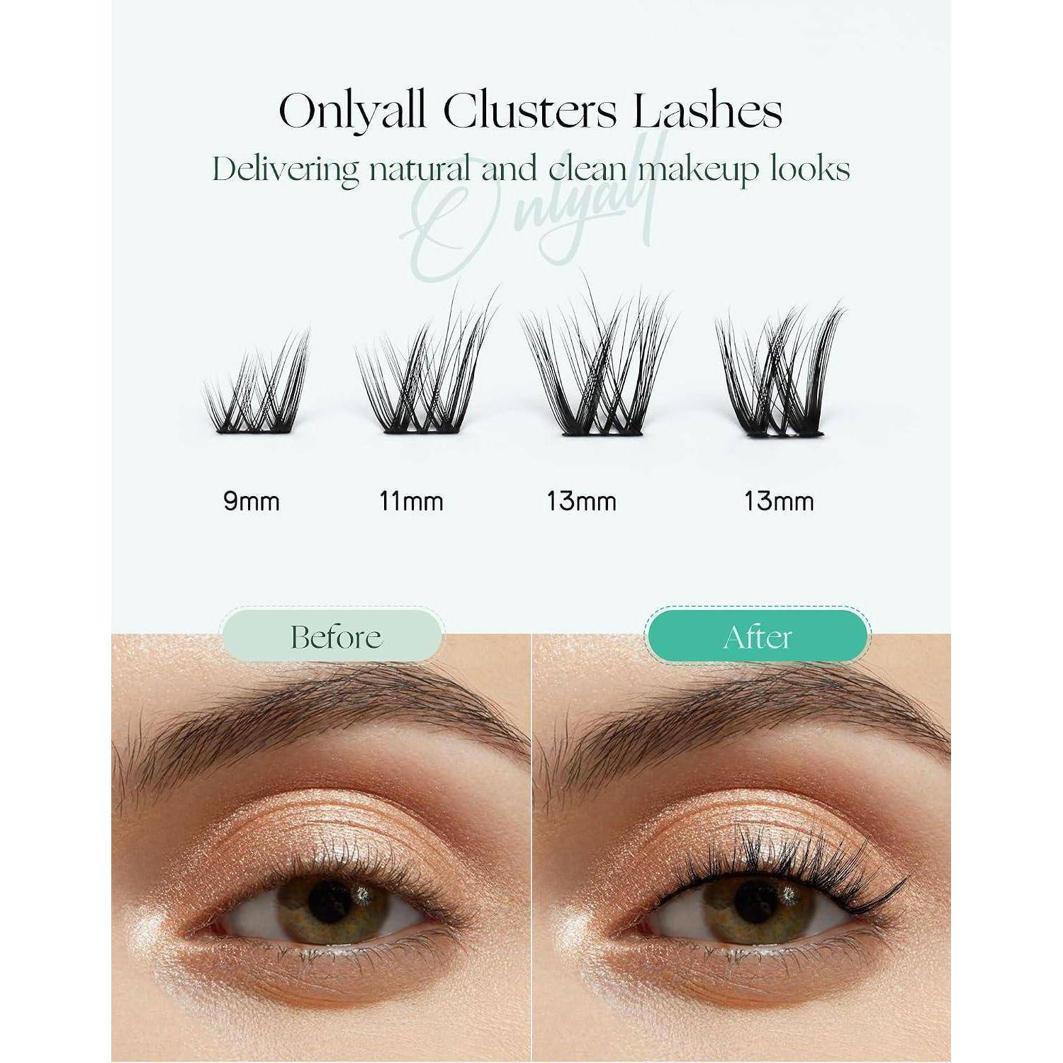Werbegrafik für Wimpern mit Onlyall Clusters Lashes in 9mm, 11mm und 13mm; Vorher-Nachher-Fotos der Augen zeigen einen volleren Wimpernlook.