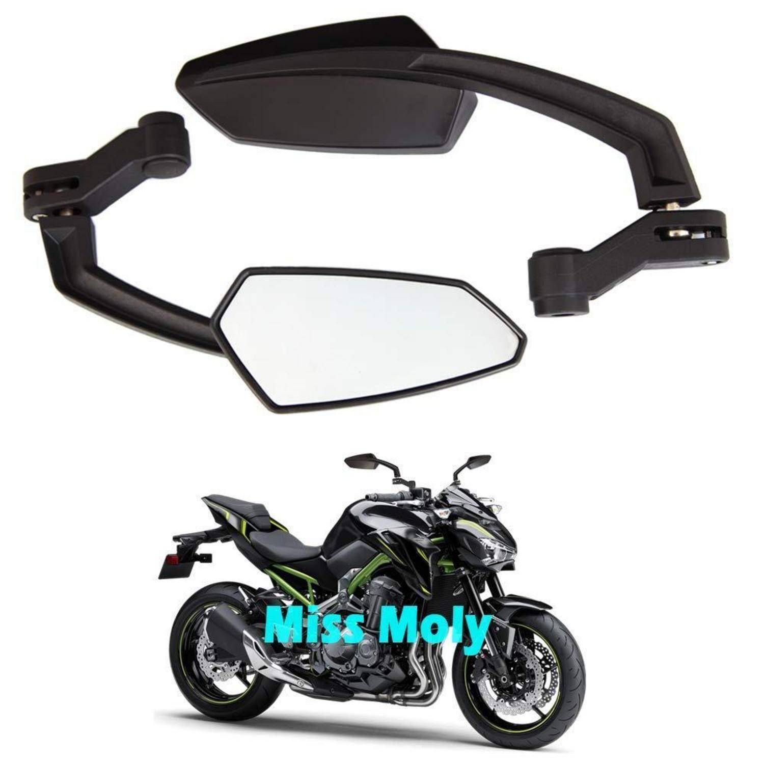 Motorrad-Seitenspiegel über einem schwarzen Sportmotorrad gezeigt, die Ersatzspiegel für das Motorrad darstellen.