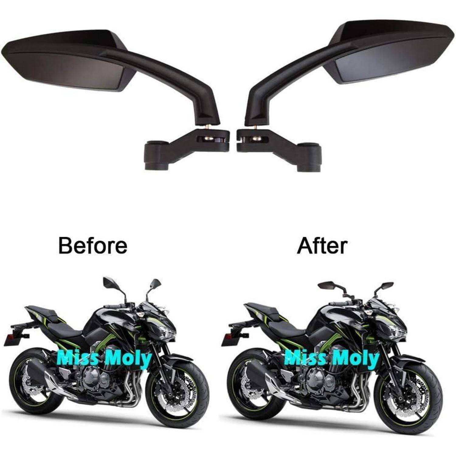 Motorrad-Spiegelverlängerung gezeigt vorher und nachher, mit höheren Spiegeln, die die Rückspiegel für bessere Sichtbarkeit erhöhen.