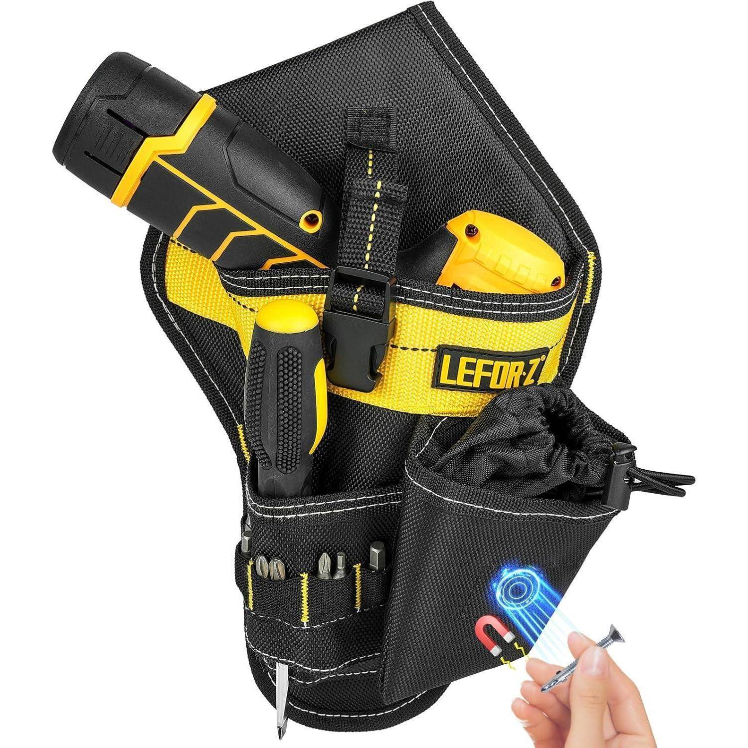 Schwarz-gelbe Werkzeuggürtel-Tasche mit Taschenlampe, Schraubendreher und kleinen Werkzeugen, mit LEFORZ-Branding und einer vorderen Tasche mit Schrauben.