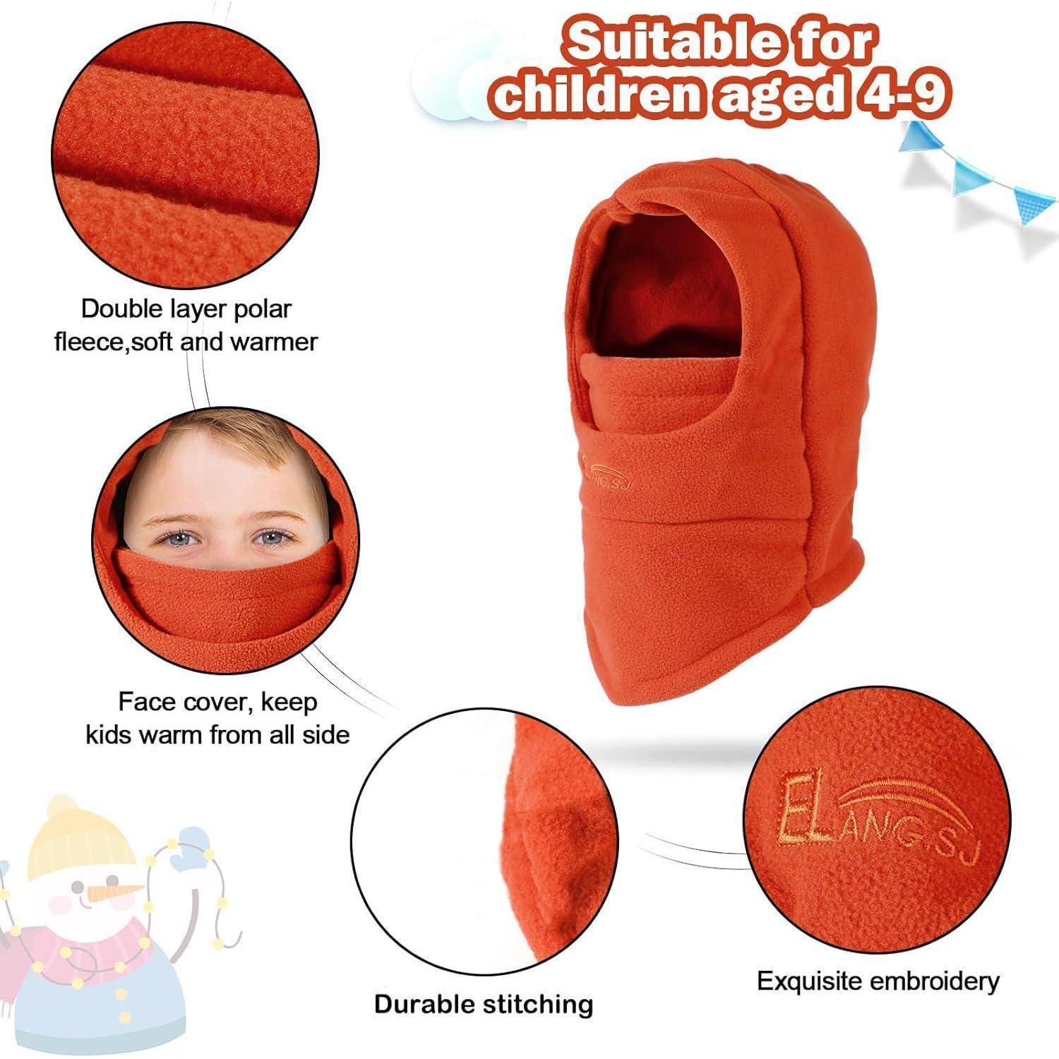 Orangefarbene Wintergesichtsmaske/Haube für Kinder, beworben als geeignet für Kinder im Alter von 4-9 Jahren, mit doppellagigem Fleece, Gesichtsbedeckung, strapazierfähiger Naht und besticktem Logo.