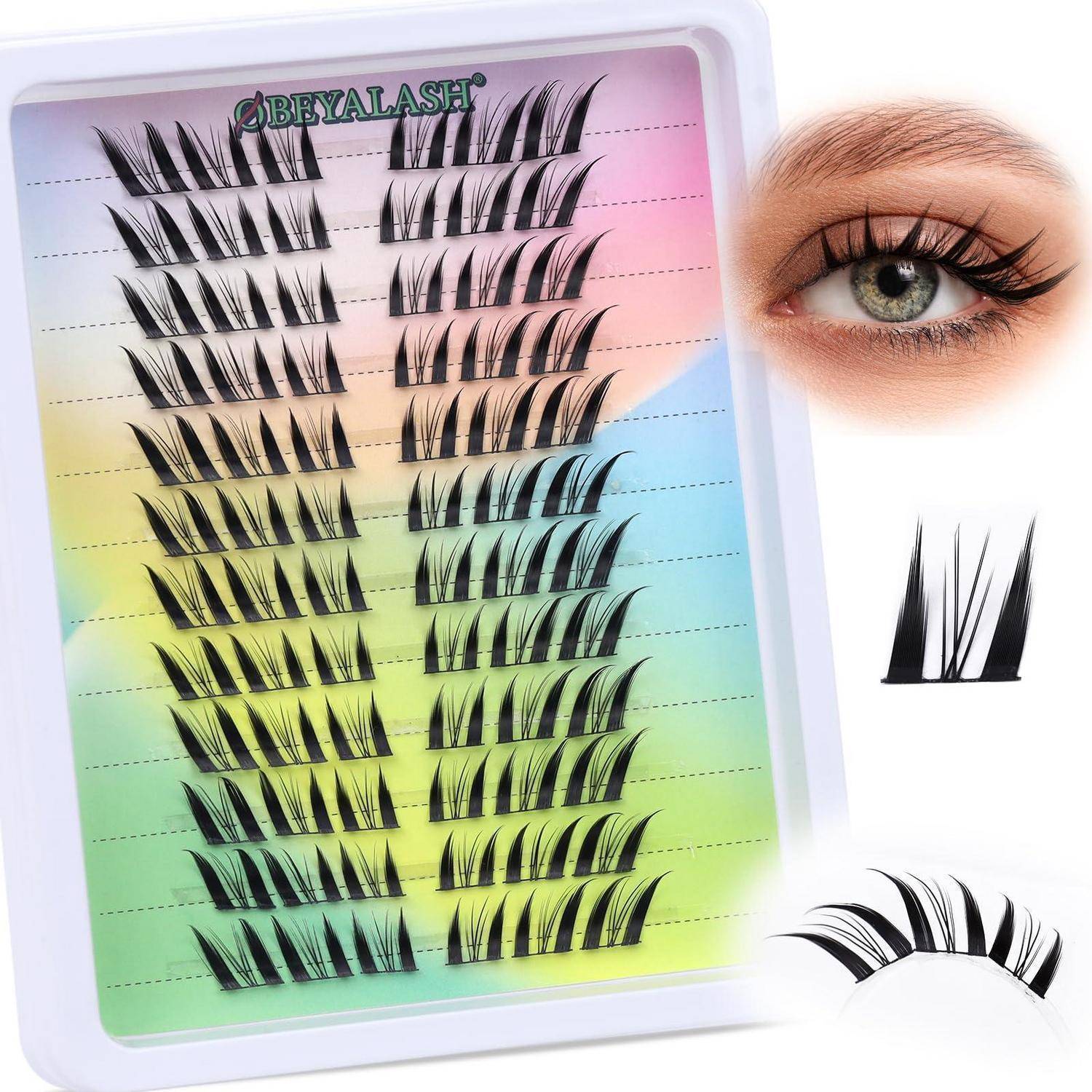 Ausstellungsvitrinen mit künstlichen Wimpern in verschiedenen Stilen und Längen, mit einem Beispielauge, das die angebrachten Wimpern zeigt.