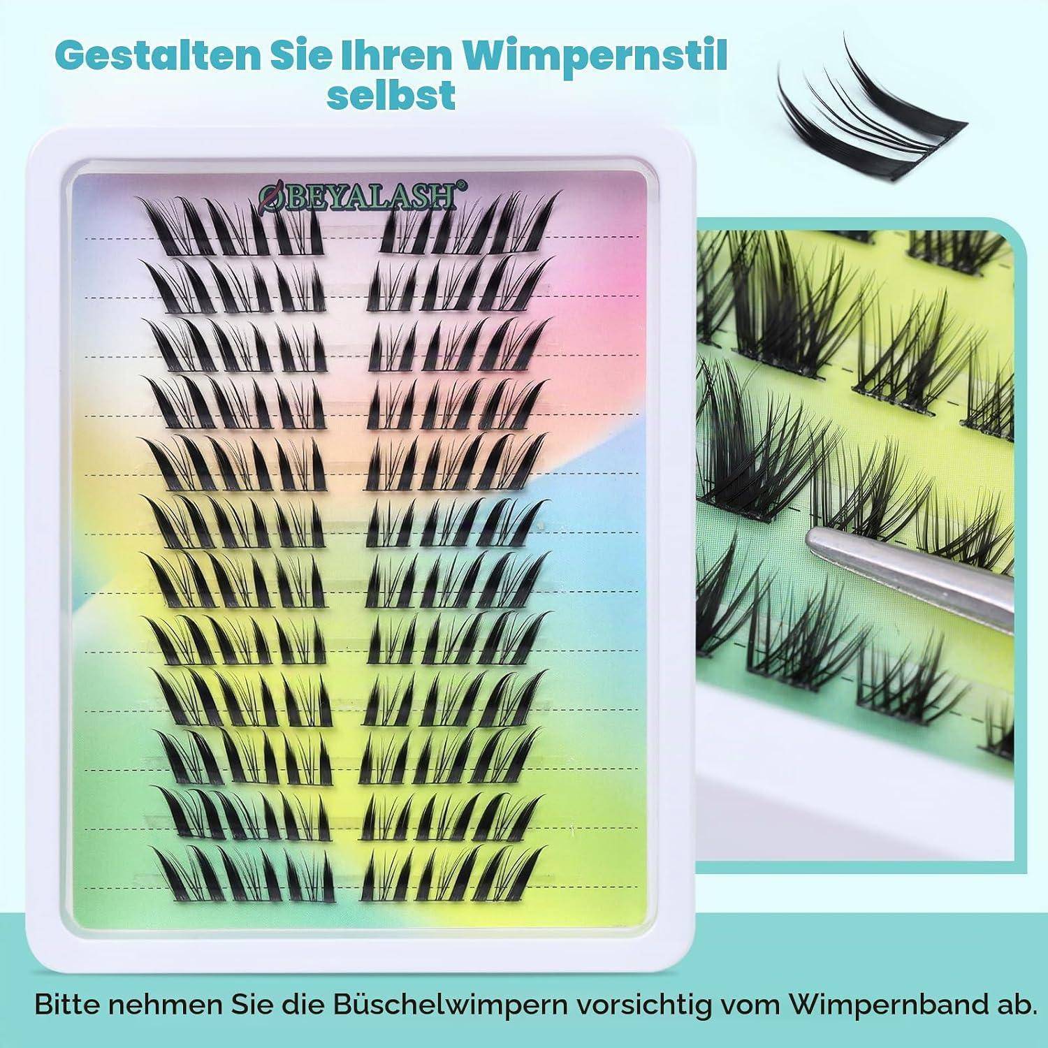 Instructional image showing how to create custom eyelash clusters from a lash tray, with German text 'Gestalten Sie Ihren Wimpernstil selbst' and 'Bitte nehmen Sie die Büschelwimpern vorsichtig vom Wimpernband ab.