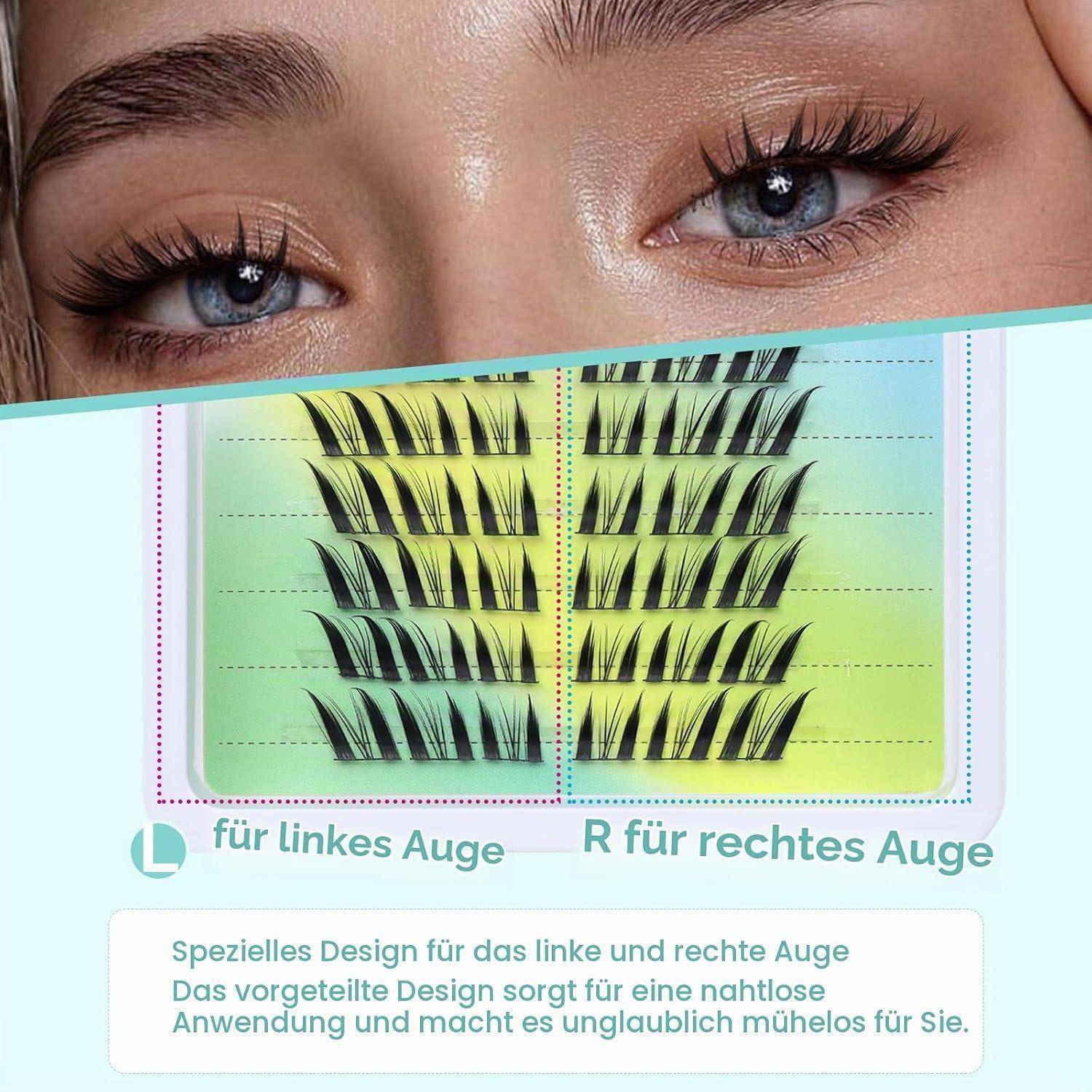 Nahaufnahme von blauen Augen über einer Wimpernverlängerungstafel mit der Bezeichnung „L für linkes Auge