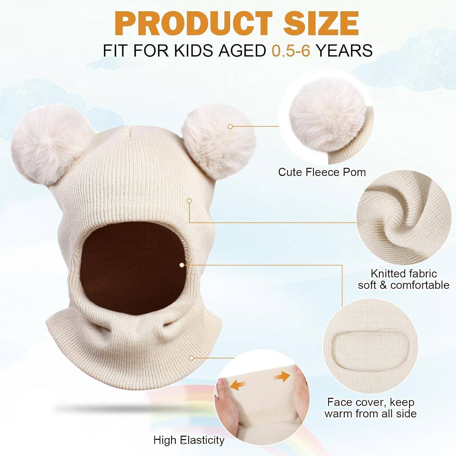Produktgrößendarstellung einer gestrickten Bärenmütze für Kinder im Alter von 0-5 Jahren mit Bommel-Ohren, weichem Stoff, Gesichtsöffnung und hoher Elastizität.