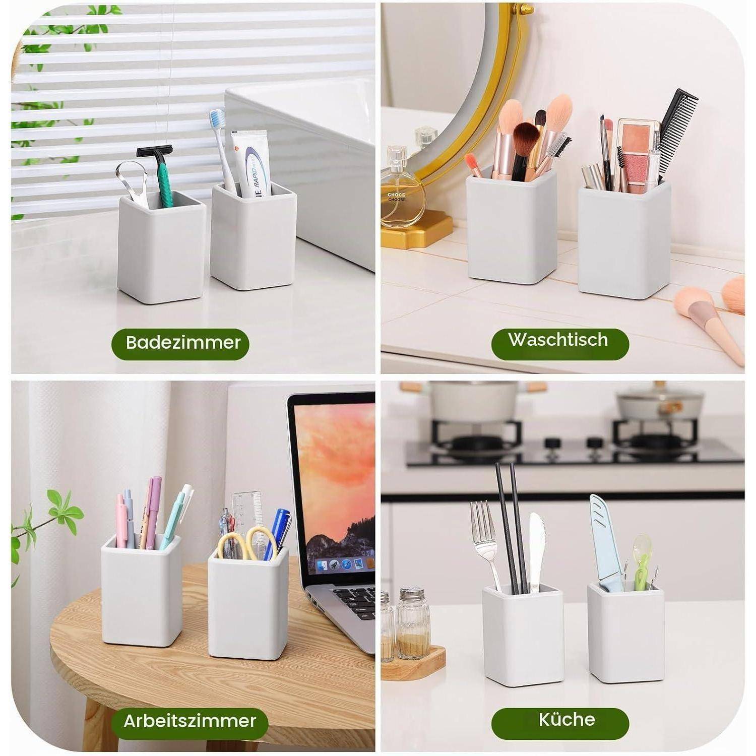 Vierteiliges Produktbild zeigt weiße quadratische Organizer-Behälter, die im Badezimmer, auf der Kosmetikkommode, im Büro und in der Küche für Werkzeuge, Makeup-Pinsel, Stifte und Utensilien verwendet werden.
