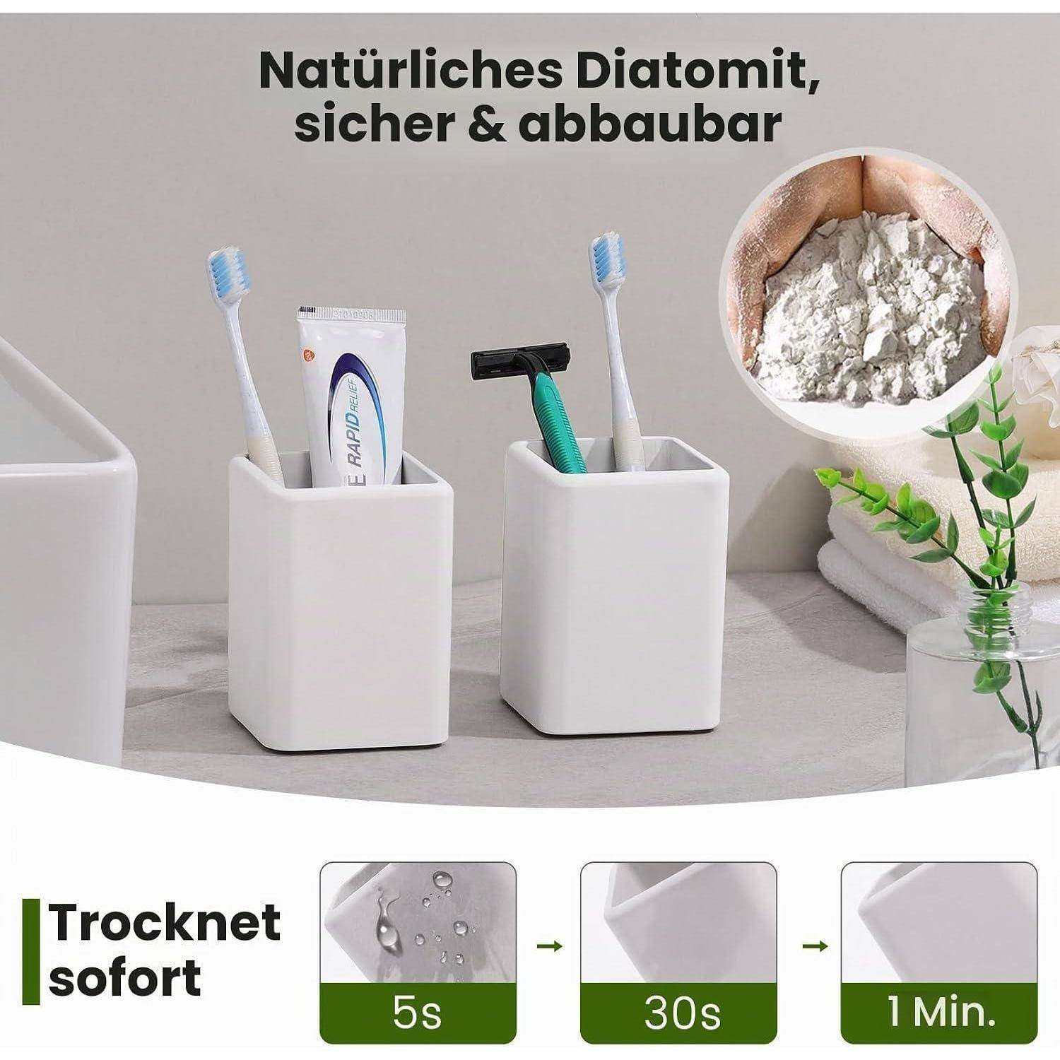 Werbung für Diatomit-Badezimmerorganizer mit Zahnbürstenhaltern und einem Rasiererständer mit „Trocknet sofort
