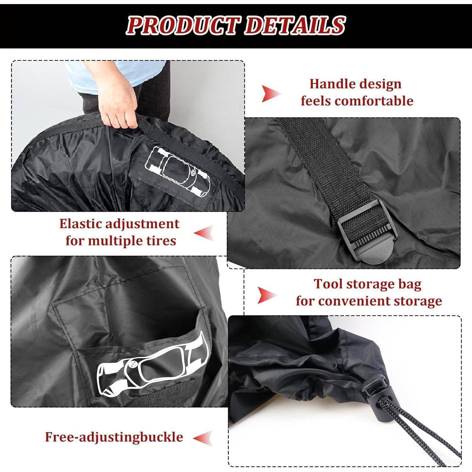 Produktdetails-Collage einer schwarzen Reifenabdeckung/Tasche mit komfortablem Griff, elastischer verstellbarer Passform für mehrere Reifen, Aufbewahrungstasche und frei verstellbarem Schnallenverschluss.