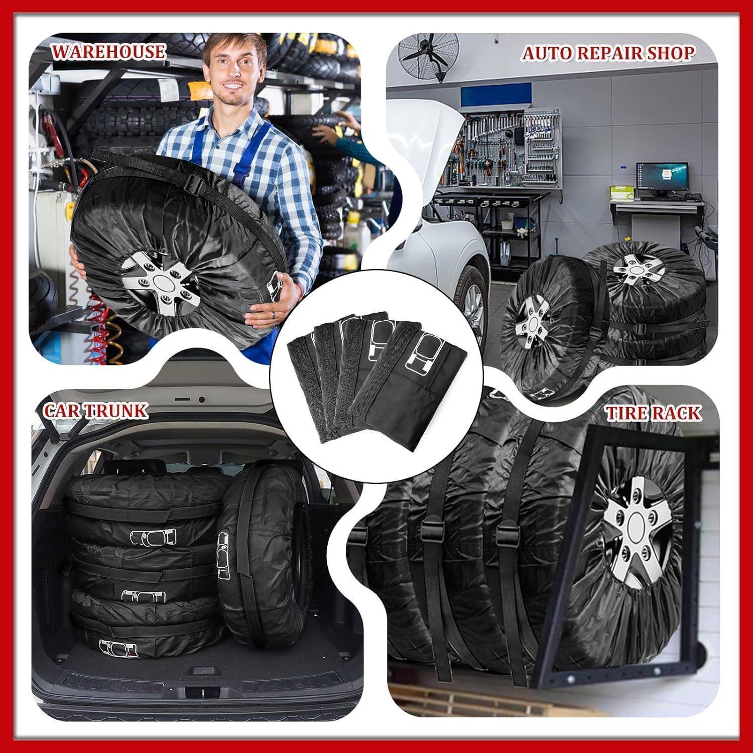Collage zeigt Reifenschutzhüllen in Gebrauch: Lagerarbeiter, der einen abgedeckten Reifen hält, Autowerkstatt, Autokofferraum mit eingewickelten Reifen beladen, und Reifenregal-Lagerung.