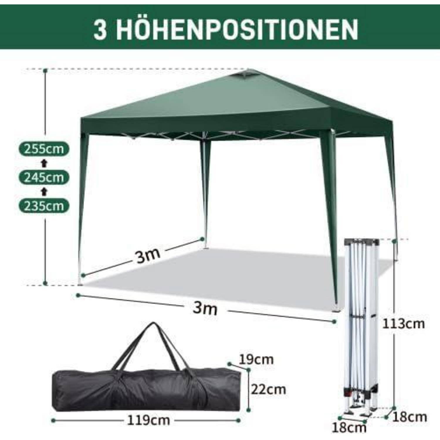 Illustration eines grünen 3m x 3m Pop-up-Zelts mit '3 HÖHENPOSITIONEN' und verstellbaren Höhen von 235cm, 245cm, 255cm; beinhaltet eine 119cm Tragetasche und Rahmendimensionen von 113cm.