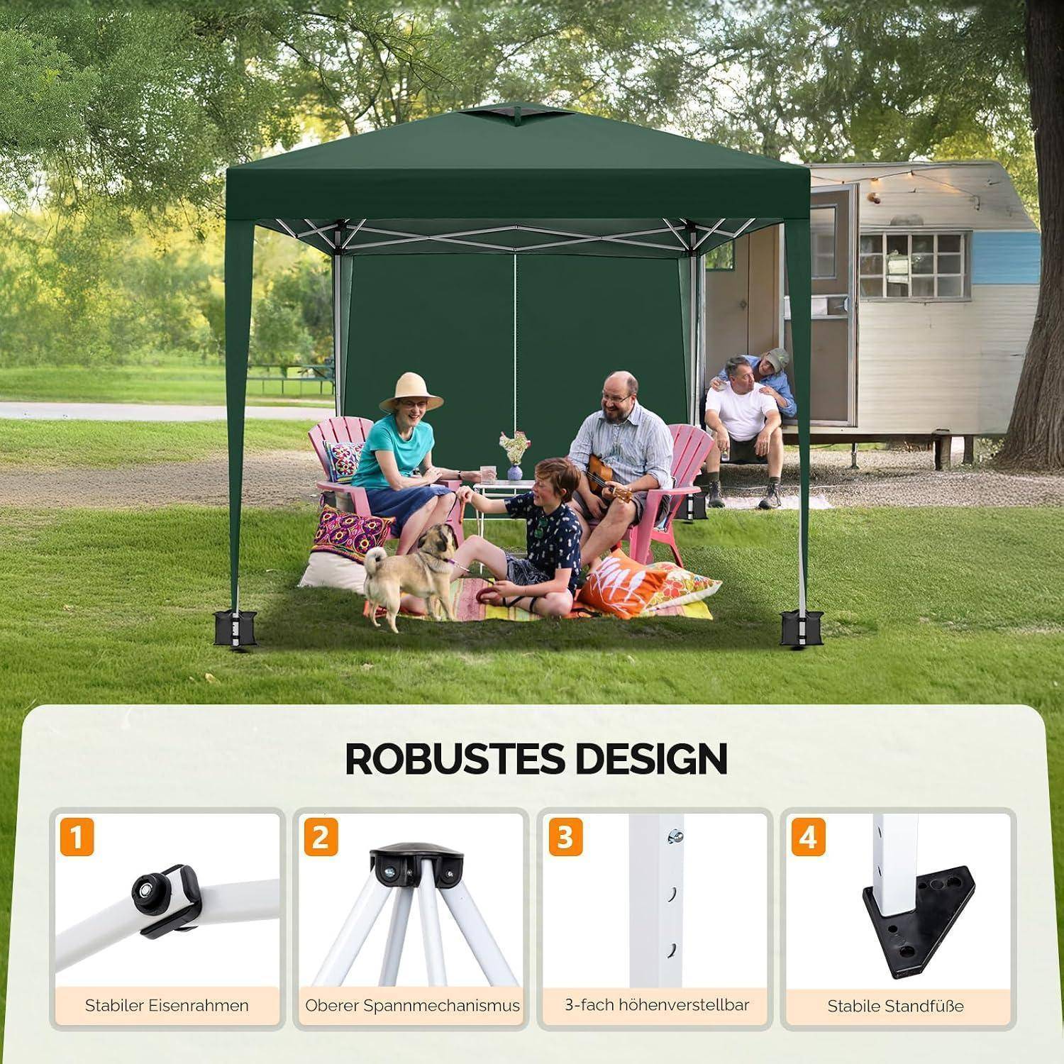 Familie entspannt sich unter einem grünen Pop-up-Zelt neben einem Wohnmobil, mit einem kleinen Hund davor. Darunter zeigt eine Produktgrafik „ROBUSTES DESIGN" und vier beschriftete Funktionshinweise für das Zelt.