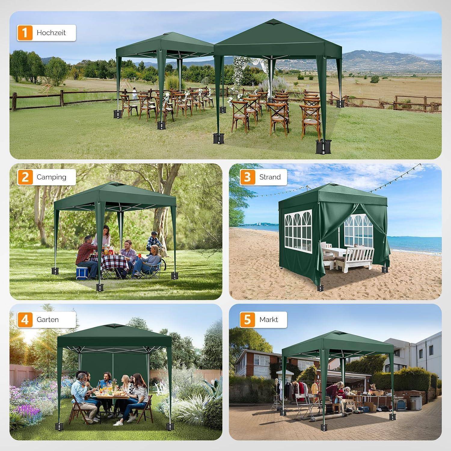 Collage eines grünen Pop-up-Pavillons in fünf verschiedenen Umgebungen: Hochzeit, Camping, Strand, Garten und Markt.