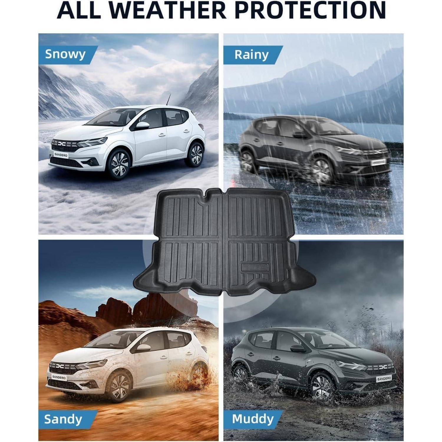 Schutzmatte für alle Jahreszeiten für das Auto, gezeigt bei schneereichen, regnerischen, sandigen und schlammigen Bedingungen, mit einer zentralen schwarzen Matte über vier Fahrzeugszenen.
