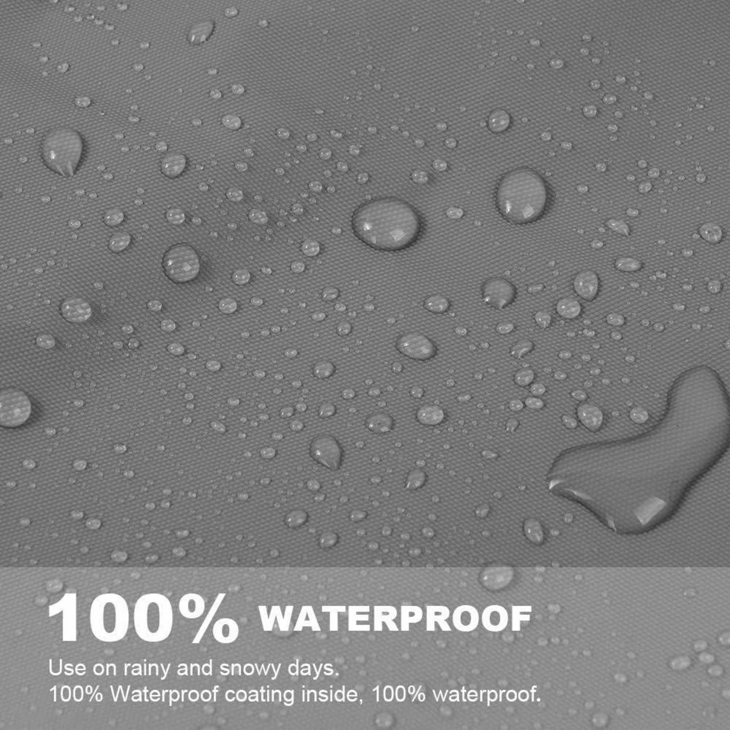 Graue Stoffoberfläche mit Wassertropfen und dem Text „100% WASSERDICHT