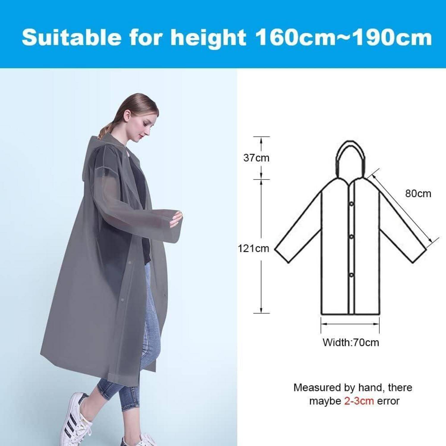 Modell trägt einen Regen-Poncho mit Kapuze; Größentabelle zeigt geeignet für Höhe 160-190 cm, Breite 70 cm, Ärmel 80 cm, Länge 121 cm, mit 2-3 cm Messfehler.