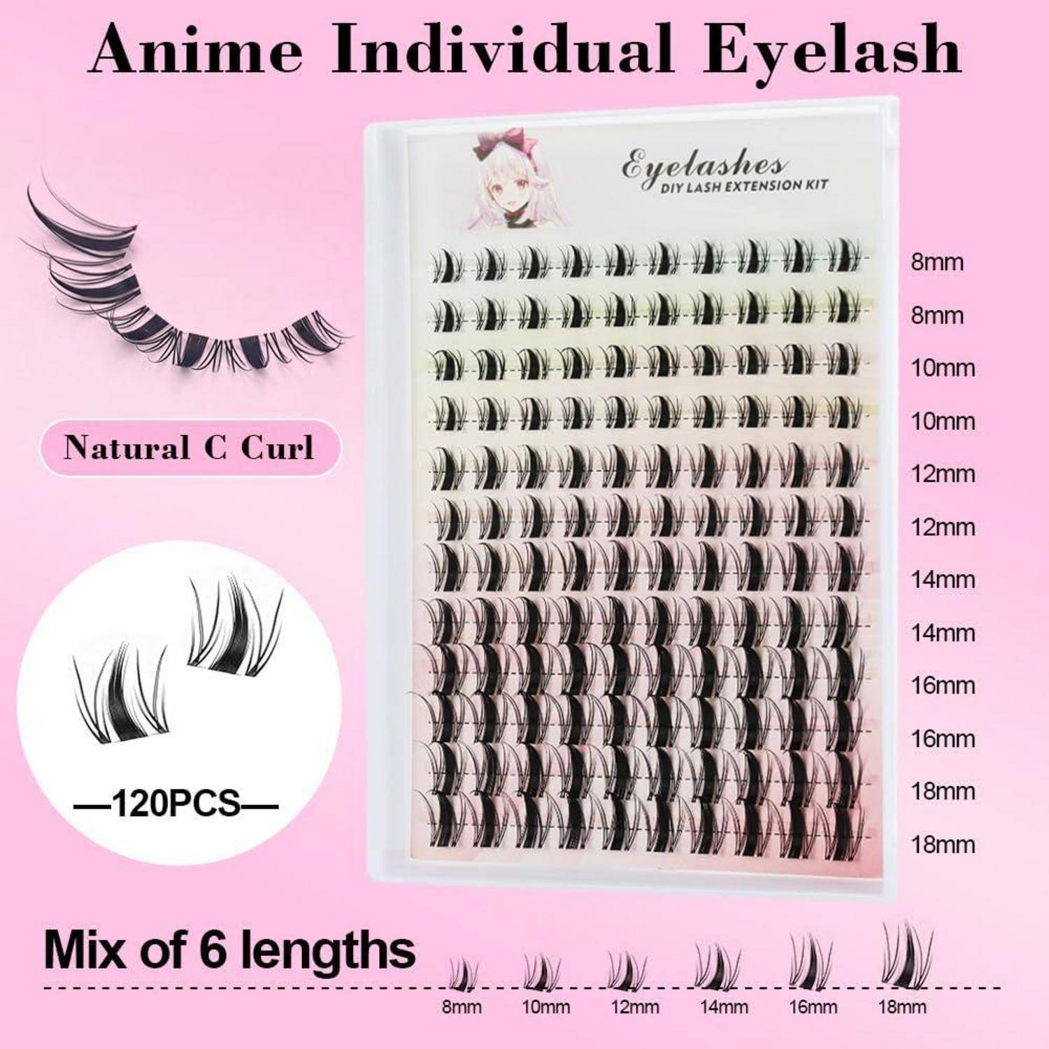 Anime Einzelwimpern-Verlängerungsset mit natürlicher C-Wölbung und gemischtem Set aus 6 Längen, 8mm bis 18mm, 120 Stück.