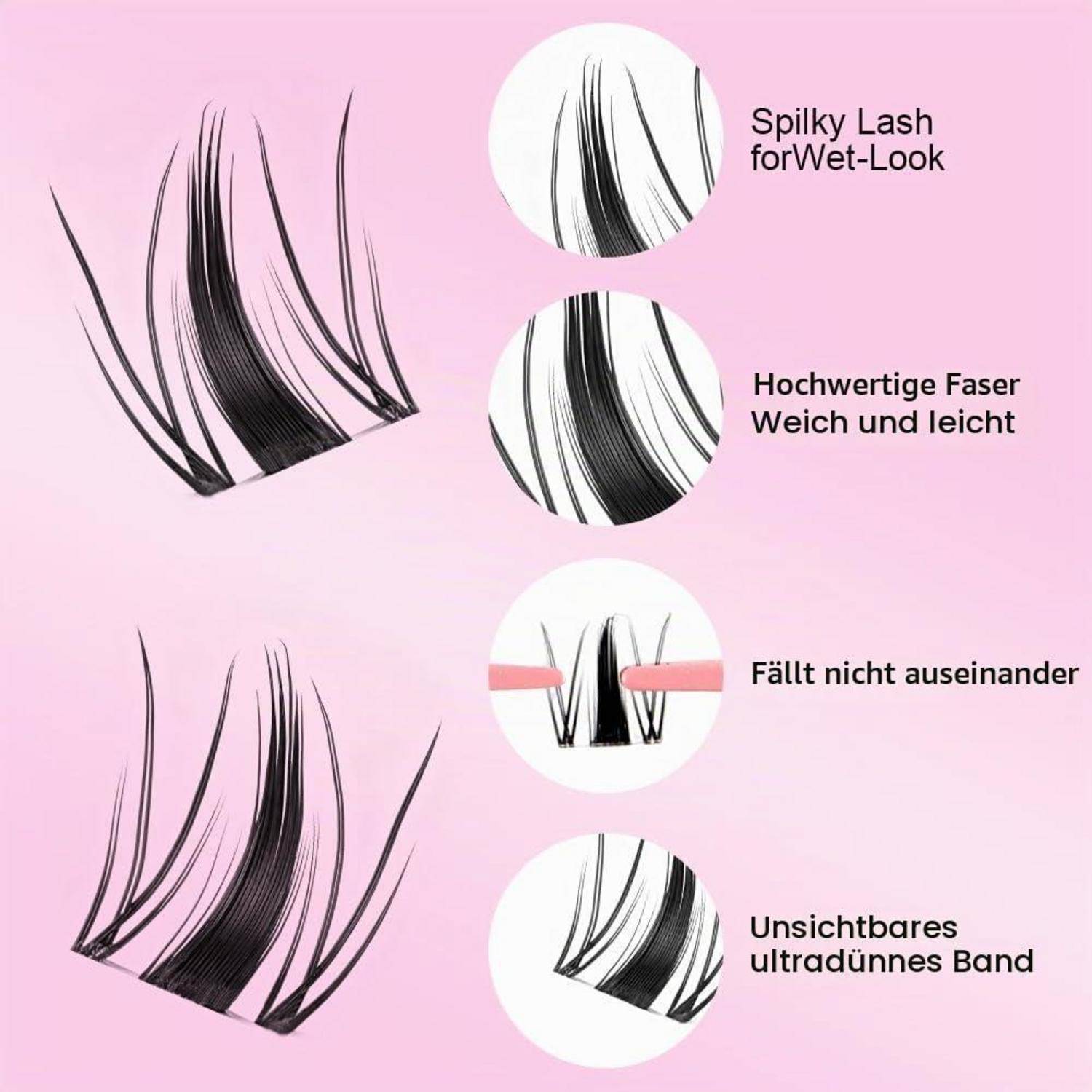 Produktgrafik von künstlichen Wimpern mit stacheligen nassem Look Fasern, weichen leichten Strähnen und einem unsichtbaren ultra-dünnen Band, das zusammenhält