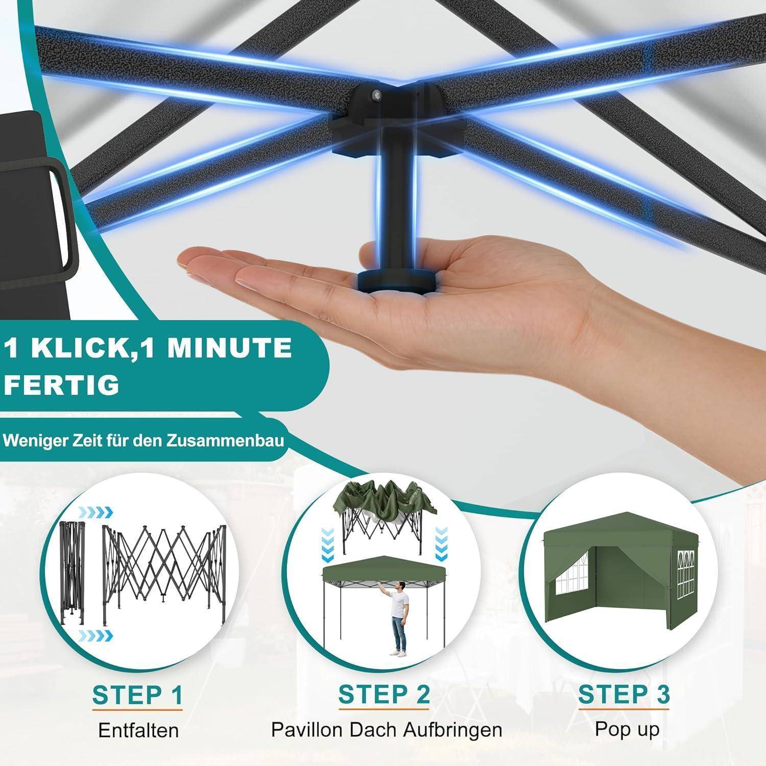 Werbeanzeige mit einer Hand, die ein zusammenklappbares Paviljon-Gestell mit leuchtend blauen Streben öffnet, beschriftet mit „1 KLICK, 1 MINUTE FERTIG" und schrittweise Aufbau-Symbole zum Auseinanderfalten, Befestigen des Daches und Pop-up-Montage.