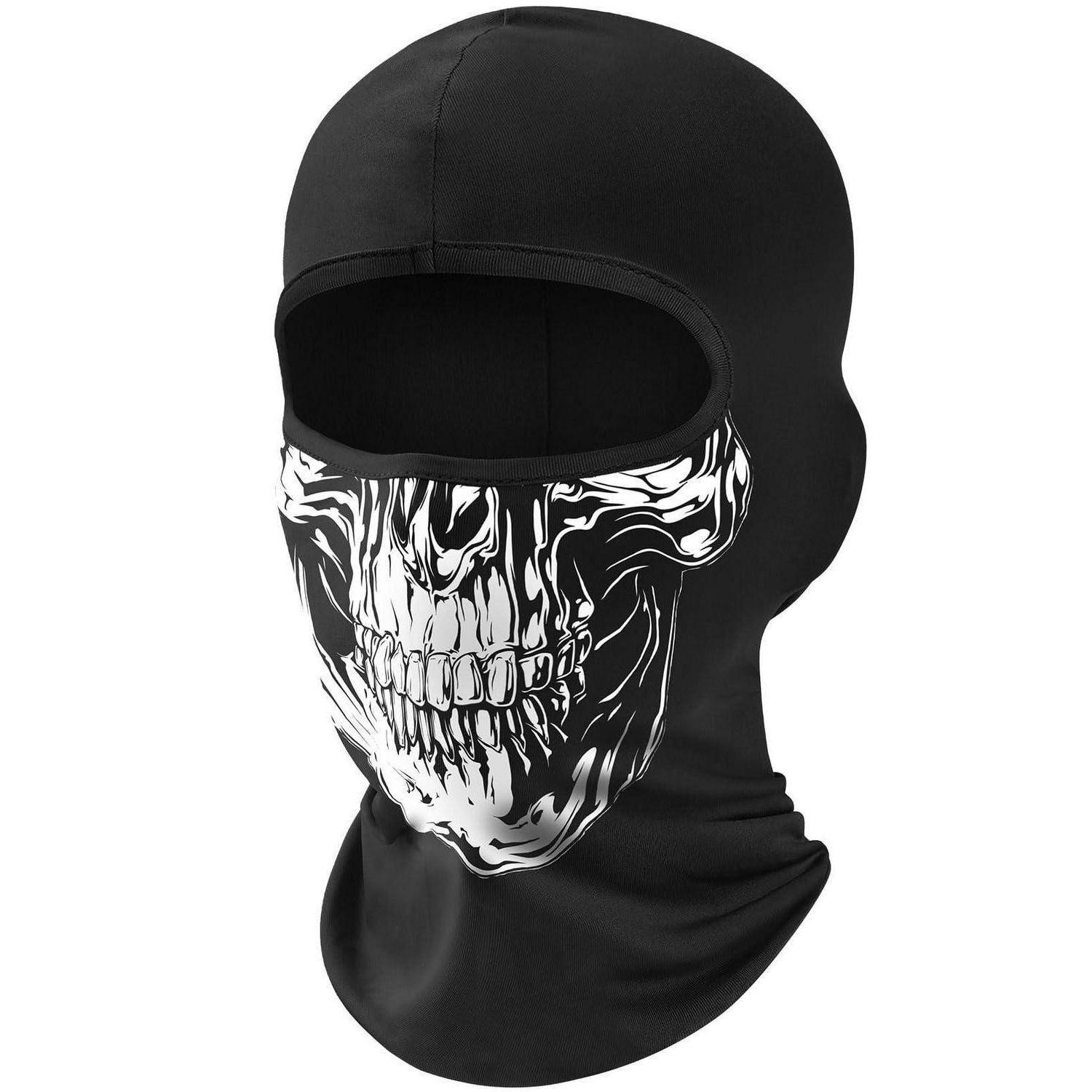 Schwarze Sturmhaube mit einem weißen Totenkopf-Motiv, das das untere Gesicht und den Hals bedeckt.