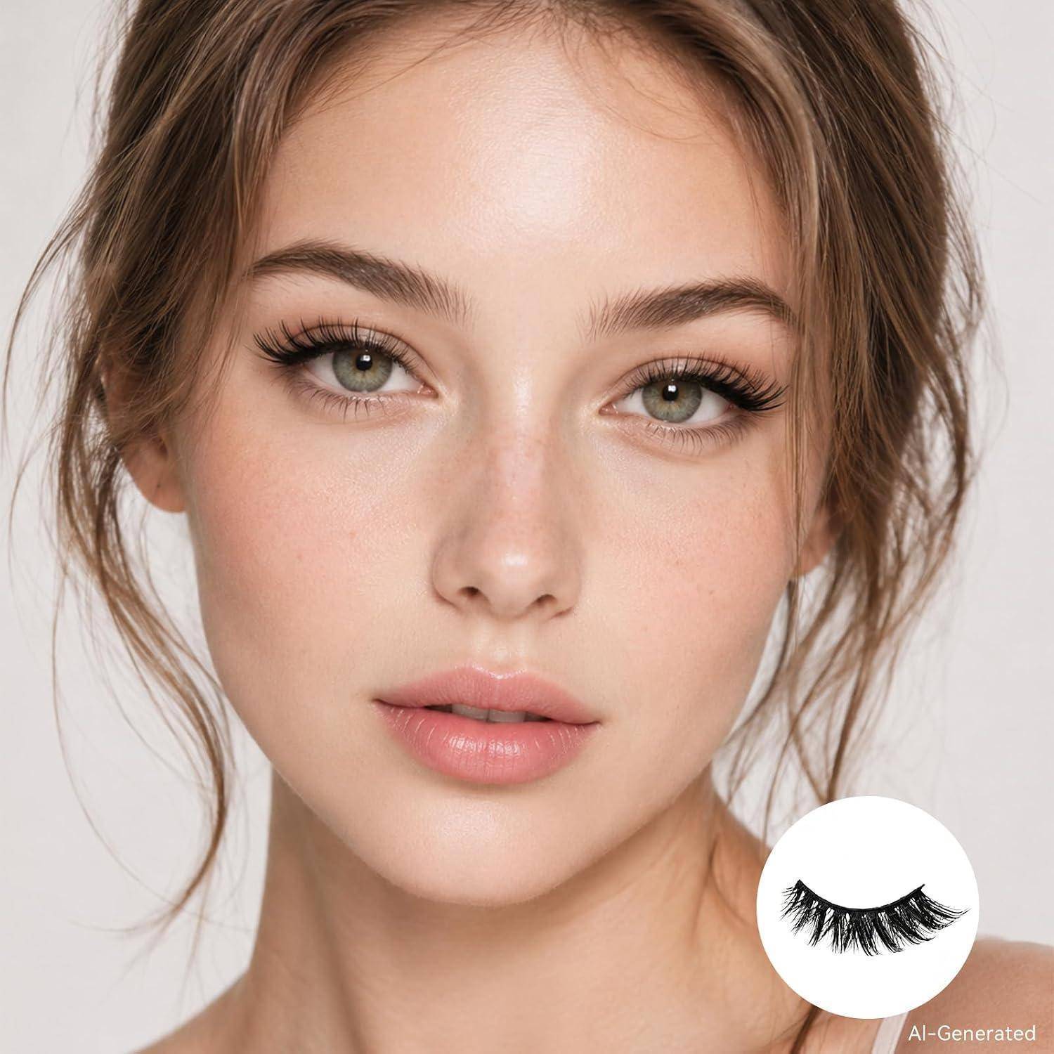 Nahaufnahme-Porträt einer jungen Frau mit natürlichem Make-up und einer kleinen Einblendung mit falschen Wimpern.
